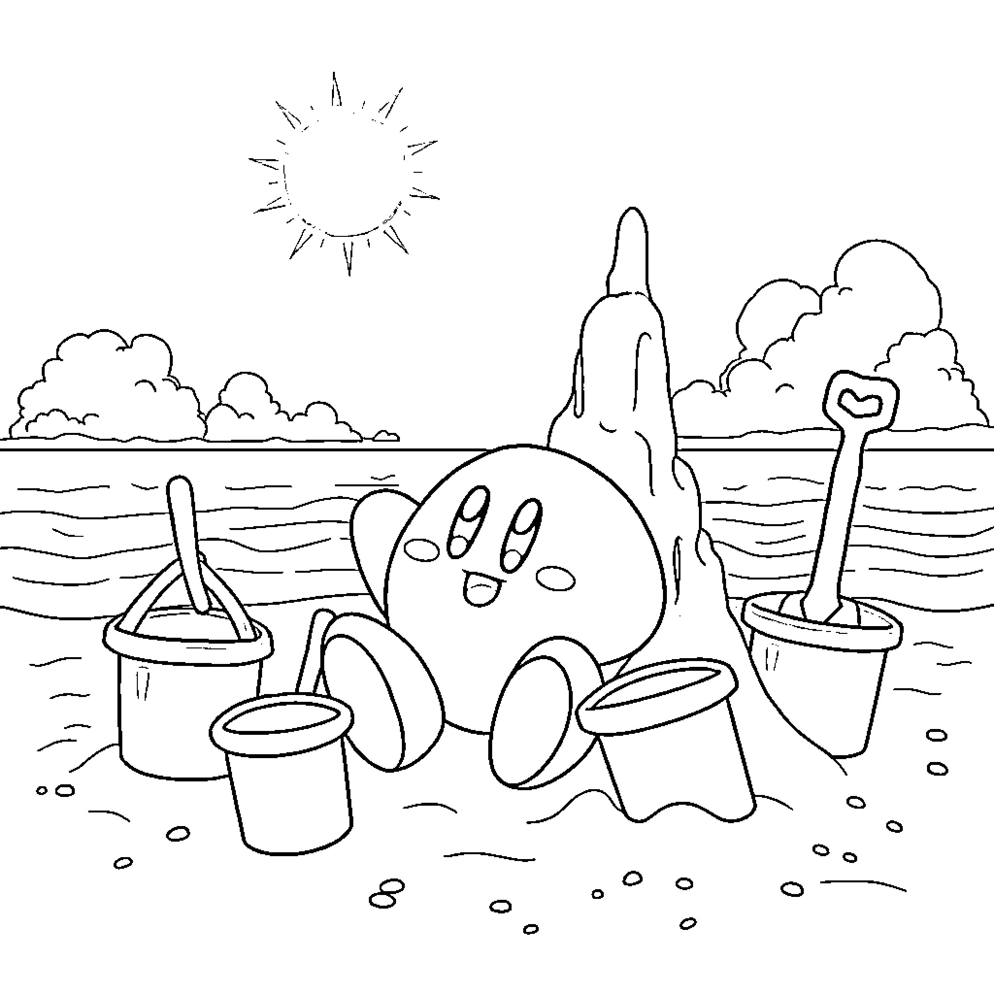 Kirby enjoying a beach day with toys Coloring Page (free black-and-white line drawing printable PDF for all, from beginners to advanced learners, including children, teens, adults, and seniors)
