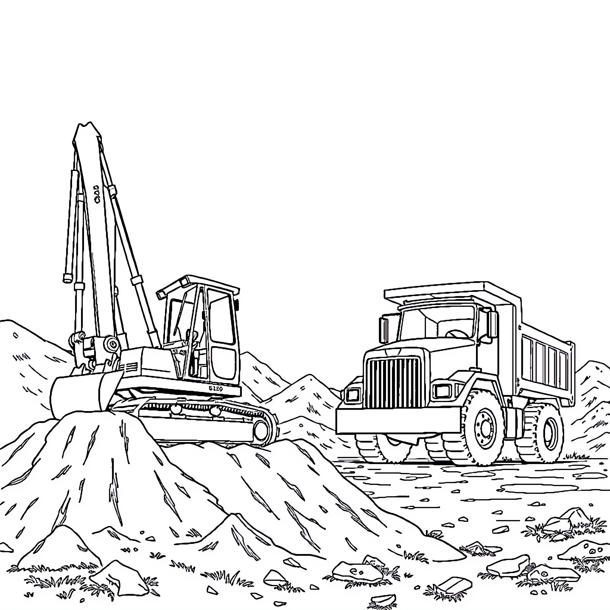 Vehicle construction site with bulldozer and dump truck Coloring Page (free black-and-white line drawing printable PDF for all, from beginners to advanced learners, including children, teens, adults, and seniors)