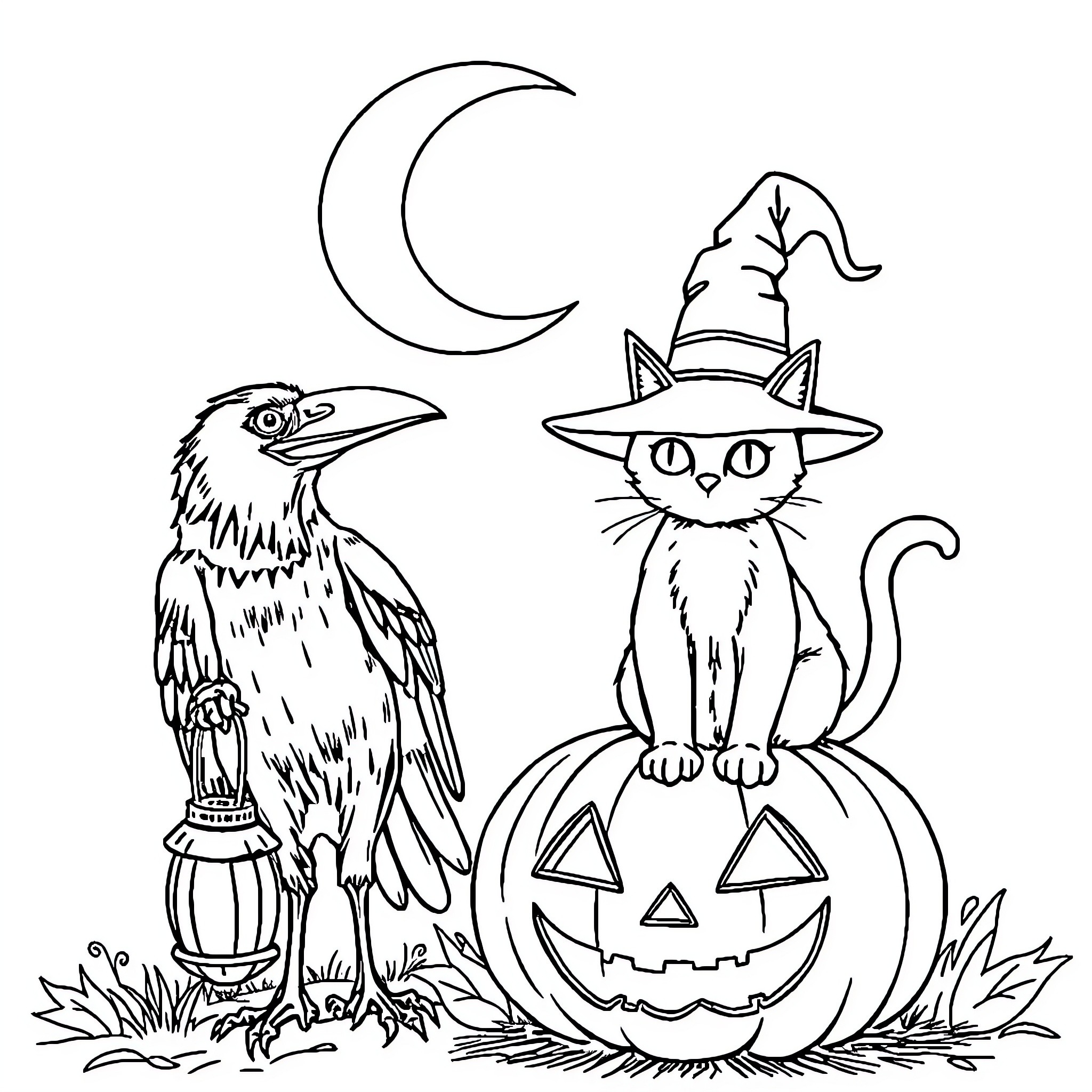 Crow and Witch Cat on Halloween Pumpkin Coloring Page (free black-and-white line drawing printable PDF for all, from beginners to advanced learners, including children, teens, adults, and seniors)