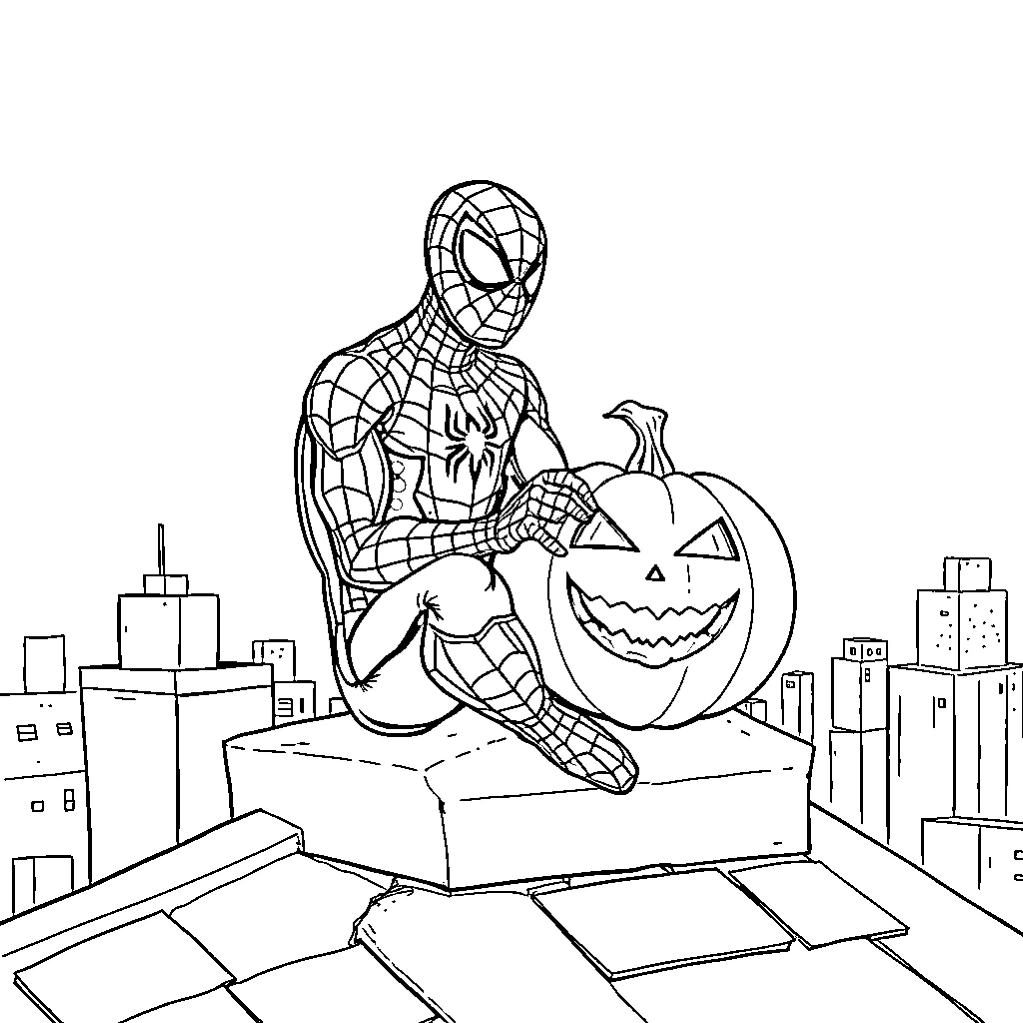 Spiderman enjoying Halloween in the city Coloring Page (free black-and-white line drawing printable PDF for all, from beginners to advanced learners, including children, teens, adults, and seniors)