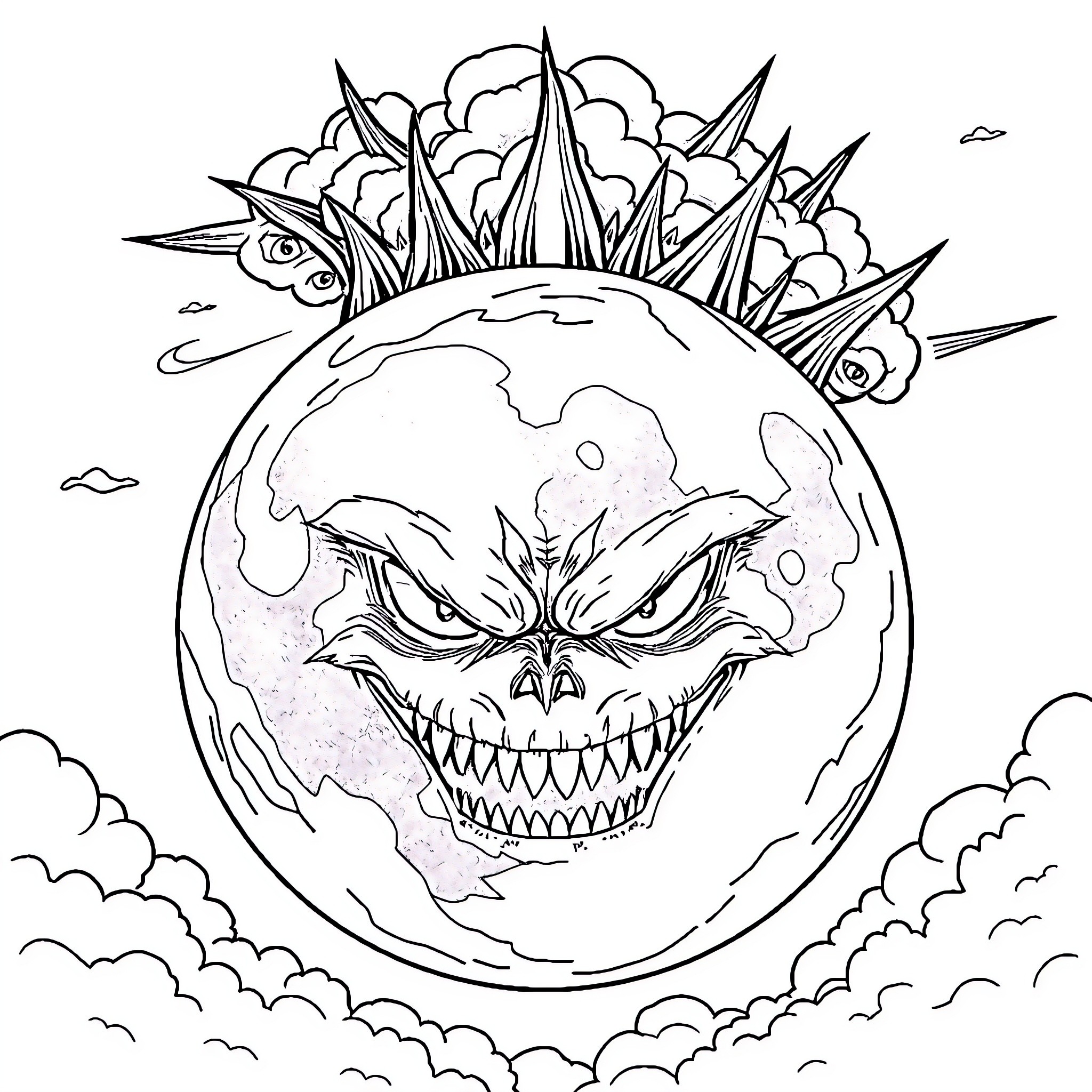 Moon showing its angry expression Coloring Page (free black-and-white line drawing printable PDF for all, from beginners to advanced learners, including children, teens, adults, and seniors)
