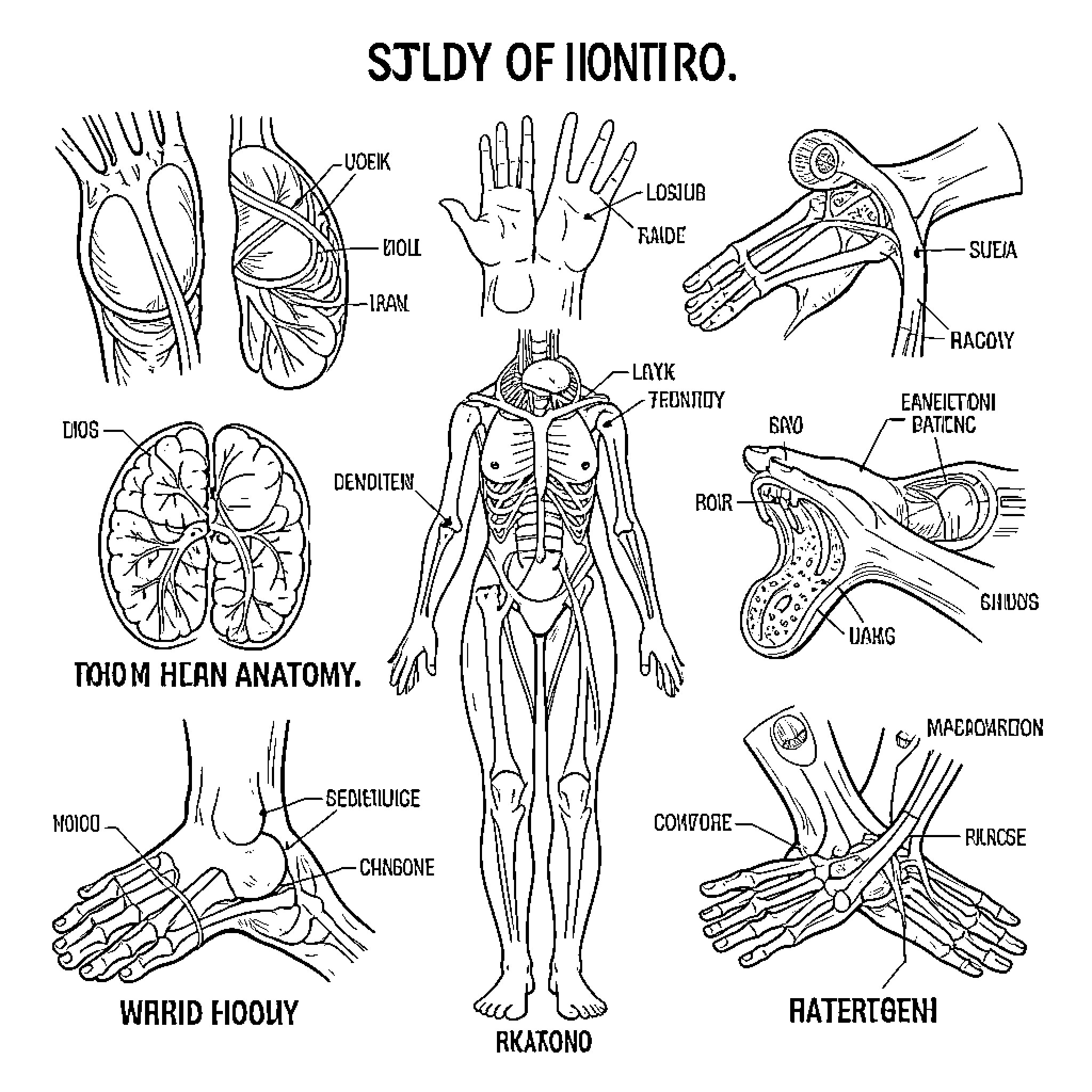 Human Anatomy diagrams displaying various body parts and structures Coloring Page (free black-and-white line drawing printable PDF for all, from beginners to advanced learners, including children, teens, adults, and seniors)
