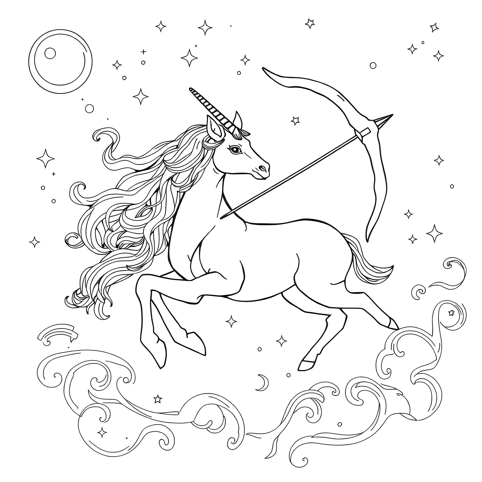 Sagittarius Unicorn Shooting Cosmic Arrows Through the Stars Coloring Page (free black-and-white line drawing printable PDF for all, from beginners to advanced learners, including children, teens, adults, and seniors)