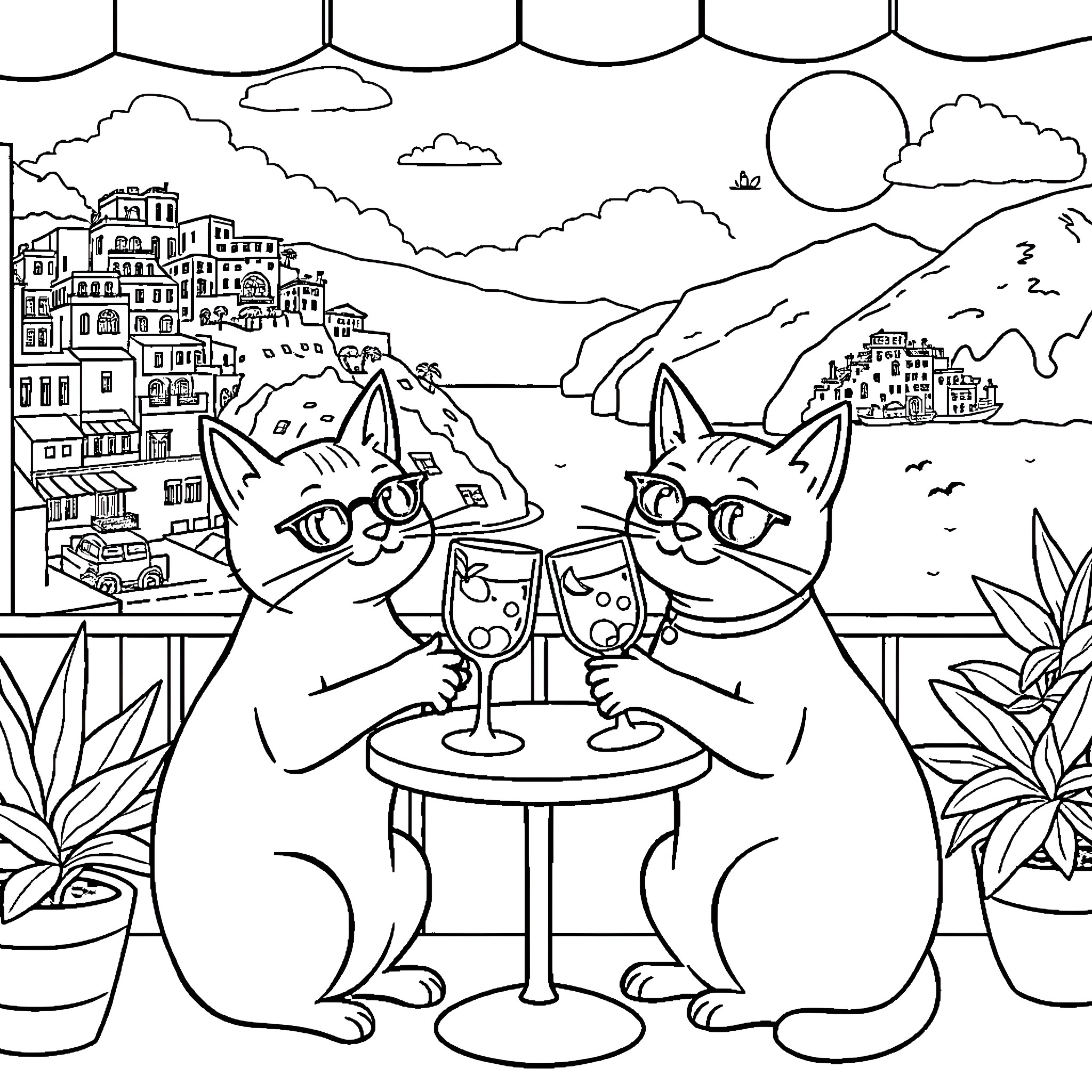 Cats enjoying drinks with a city view Coloring Page (free black-and-white line drawing printable PDF for all, from beginners to advanced learners, including children, teens, adults, and seniors)