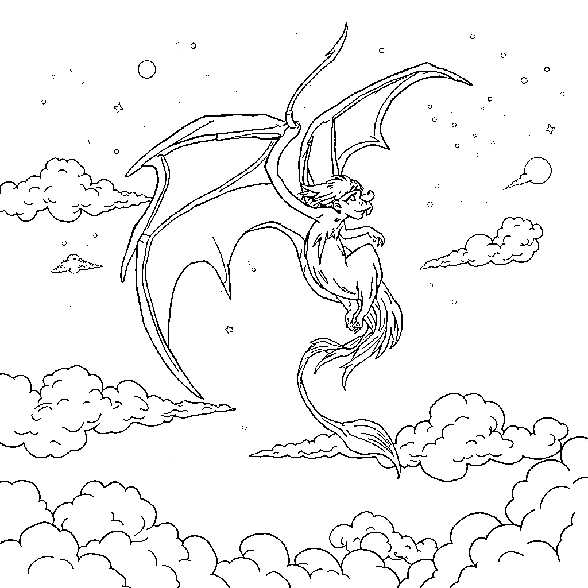 Witch soaring through the mystical night sky Coloring Page (free black-and-white line drawing printable PDF for all, from beginners to advanced learners, including children, teens, adults, and seniors)