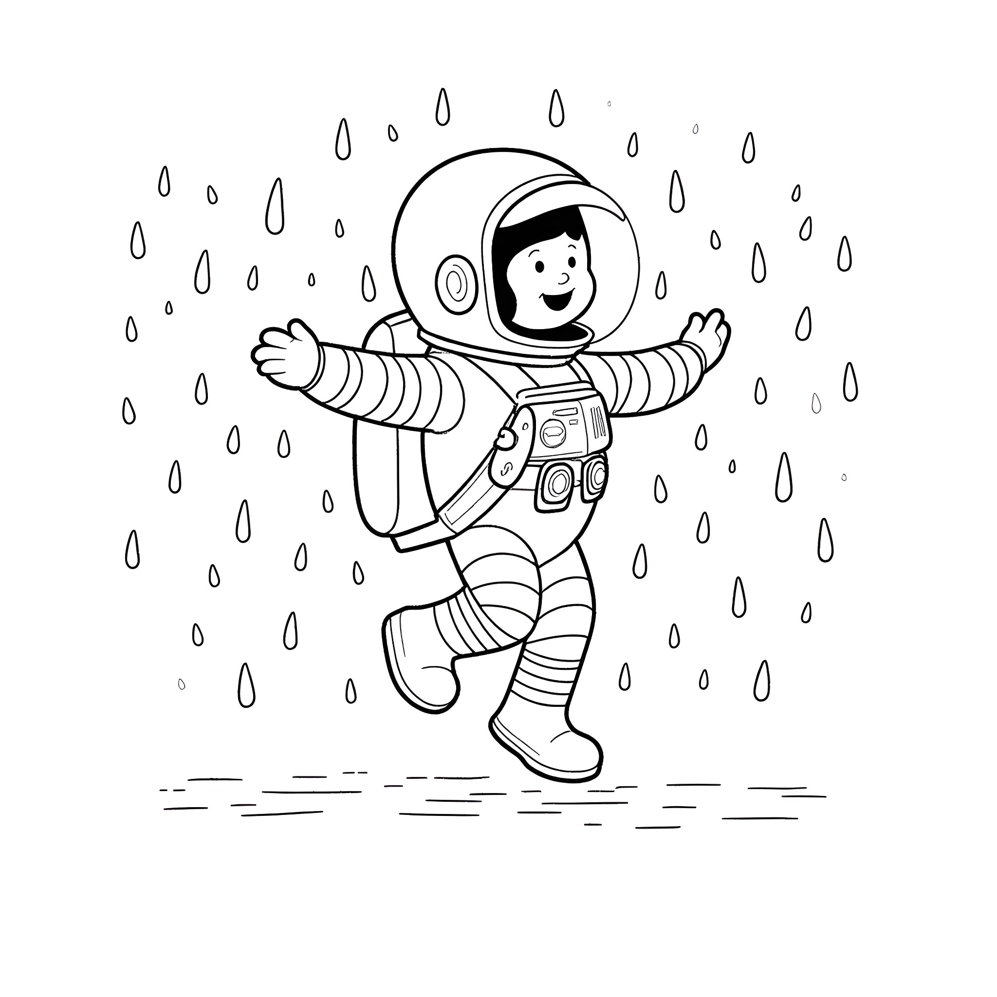 Astronaut exploring in the rain Coloring Page (free black-and-white line drawing printable PDF for all, from beginners to advanced learners, including children, teens, adults, and seniors)