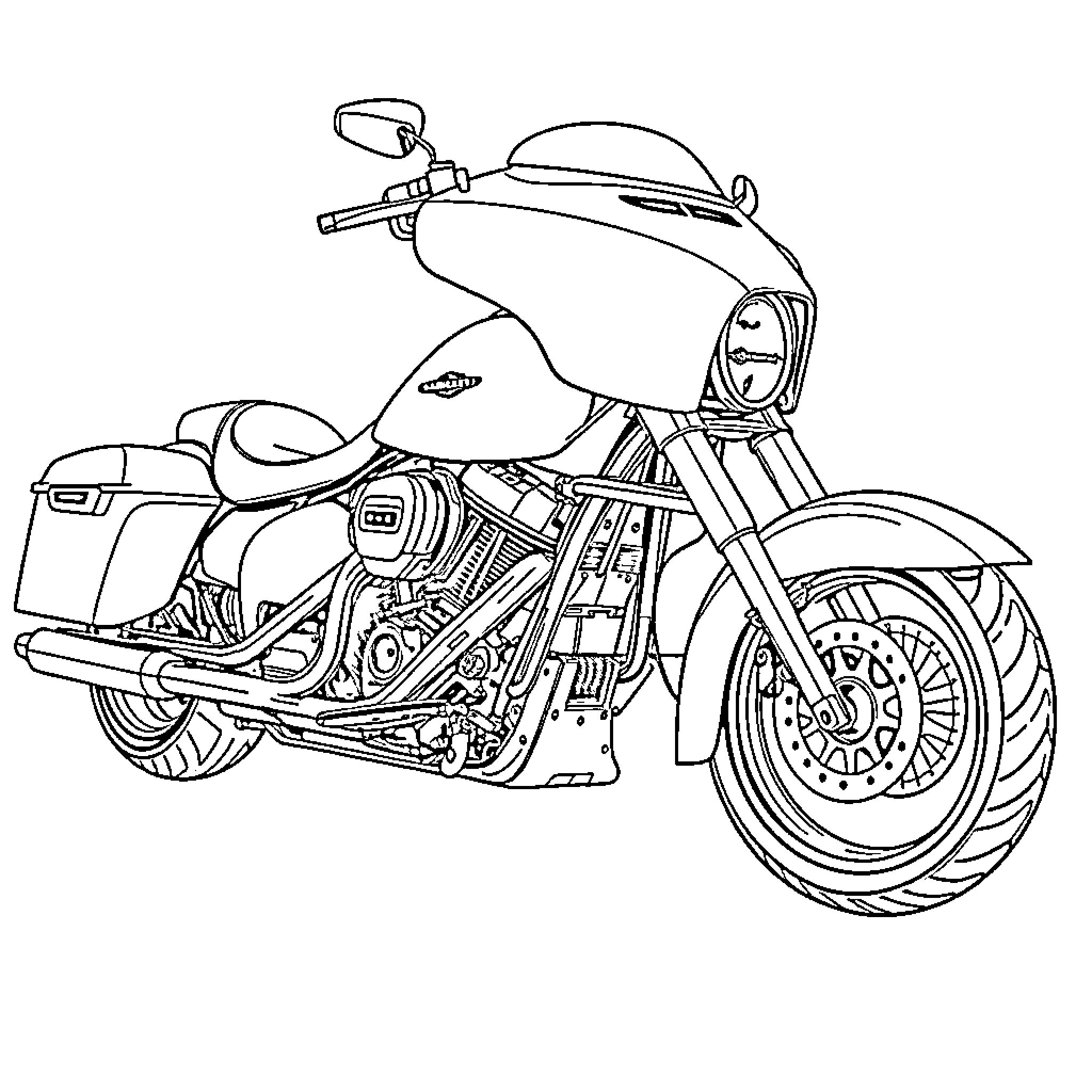 Harley Davidson motorcycle with sleek design Coloring Page (free black-and-white line drawing printable PDF for all, from beginners to advanced learners, including children, teens, adults, and seniors)