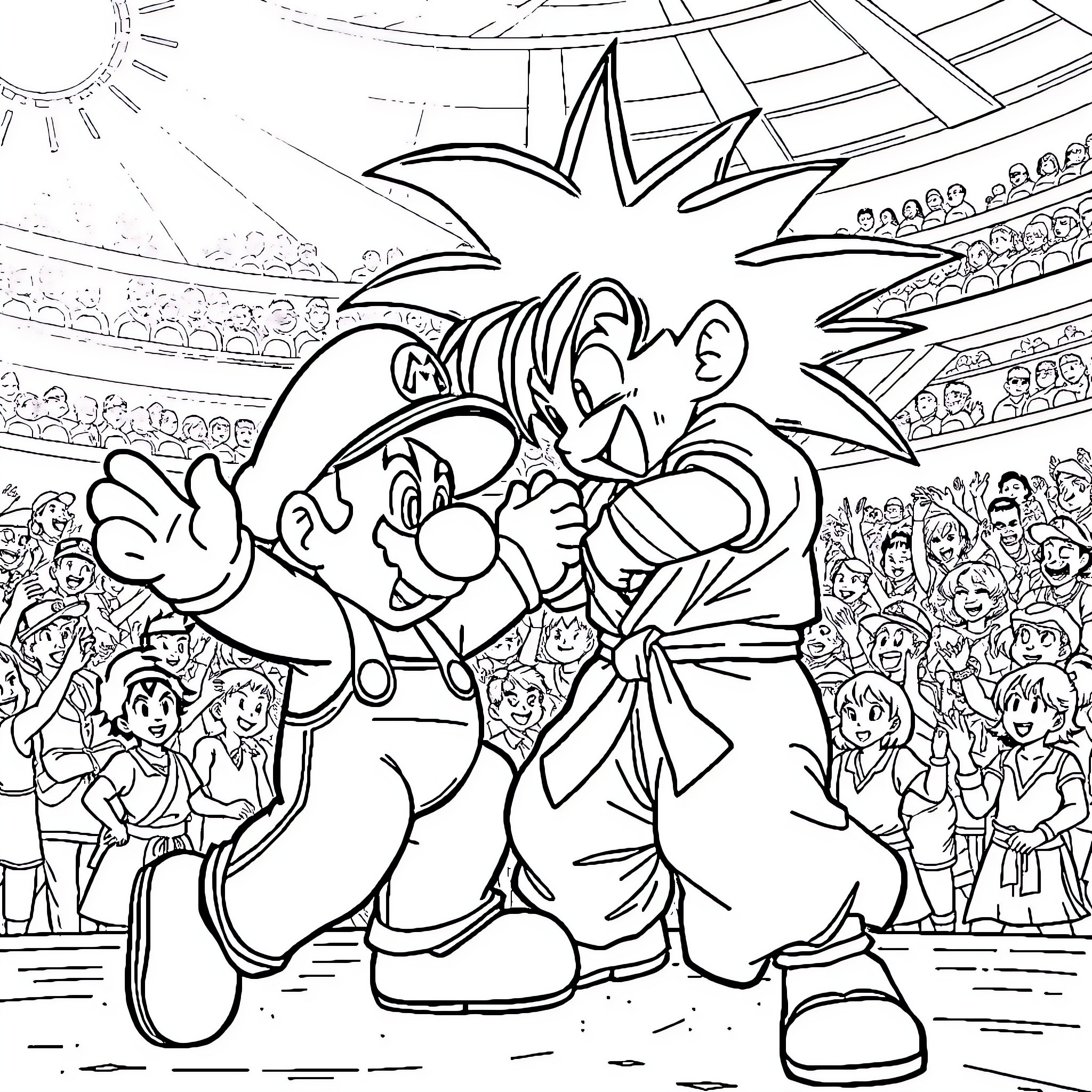 Mario Celebrating Victory in the Stadium Coloring Page (free black-and-white line drawing printable PDF for all, from beginners to advanced learners, including children, teens, adults, and seniors)