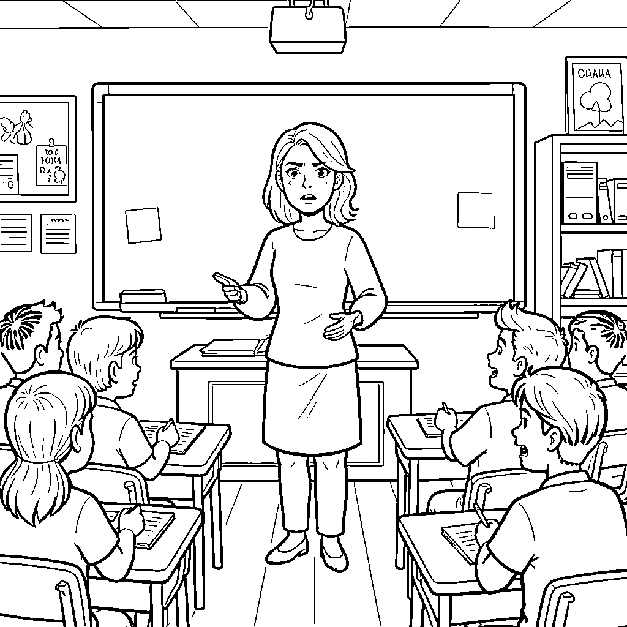 Teacher explaining a lesson to attentive students in classroom Coloring Page (free black-and-white line drawing printable PDF for all, from beginners to advanced learners, including children, teens, adults, and seniors)