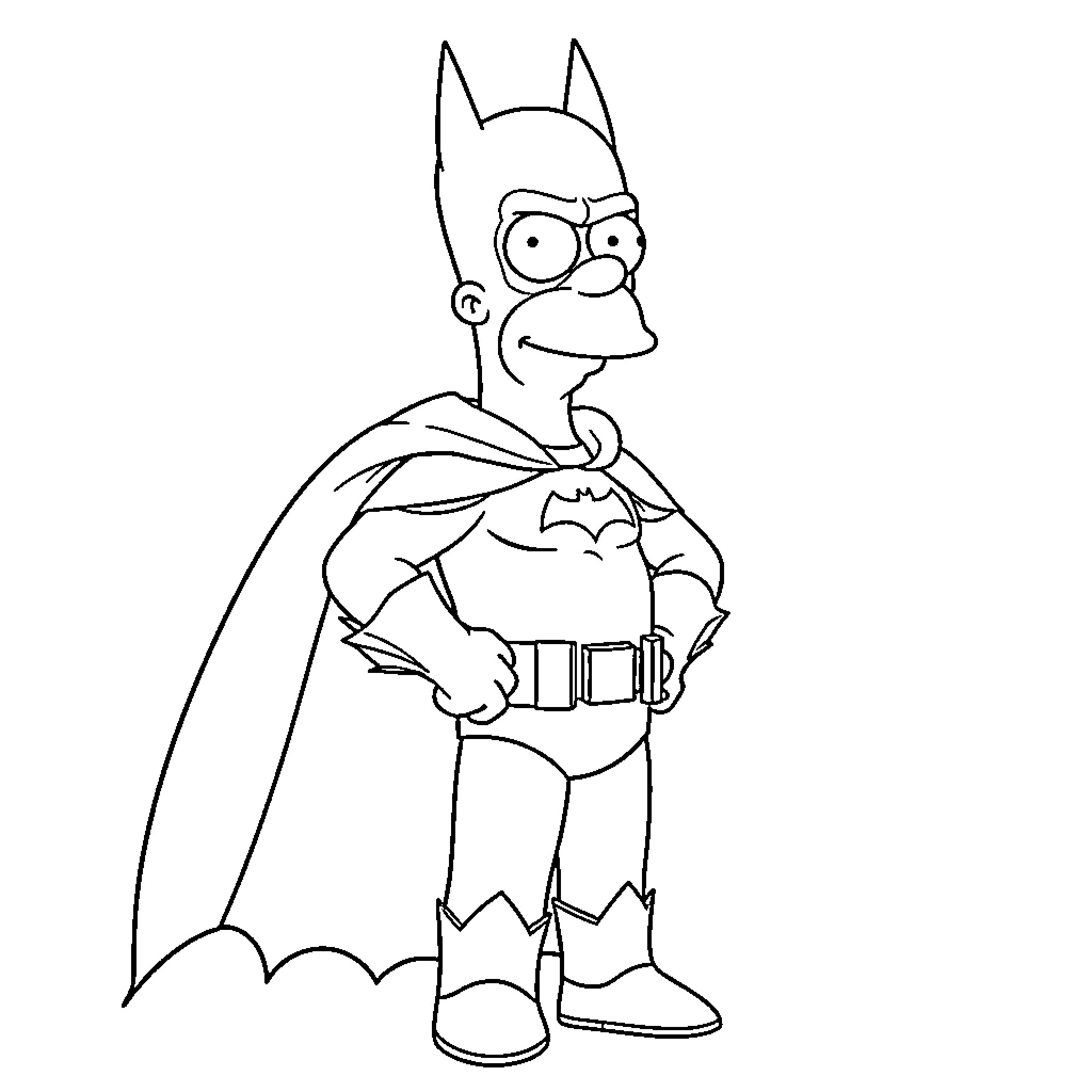Simpson character dressed as Batman in comical outfit Coloring Page (free black-and-white line drawing printable PDF for all, from beginners to advanced learners, including children, teens, adults, and seniors)