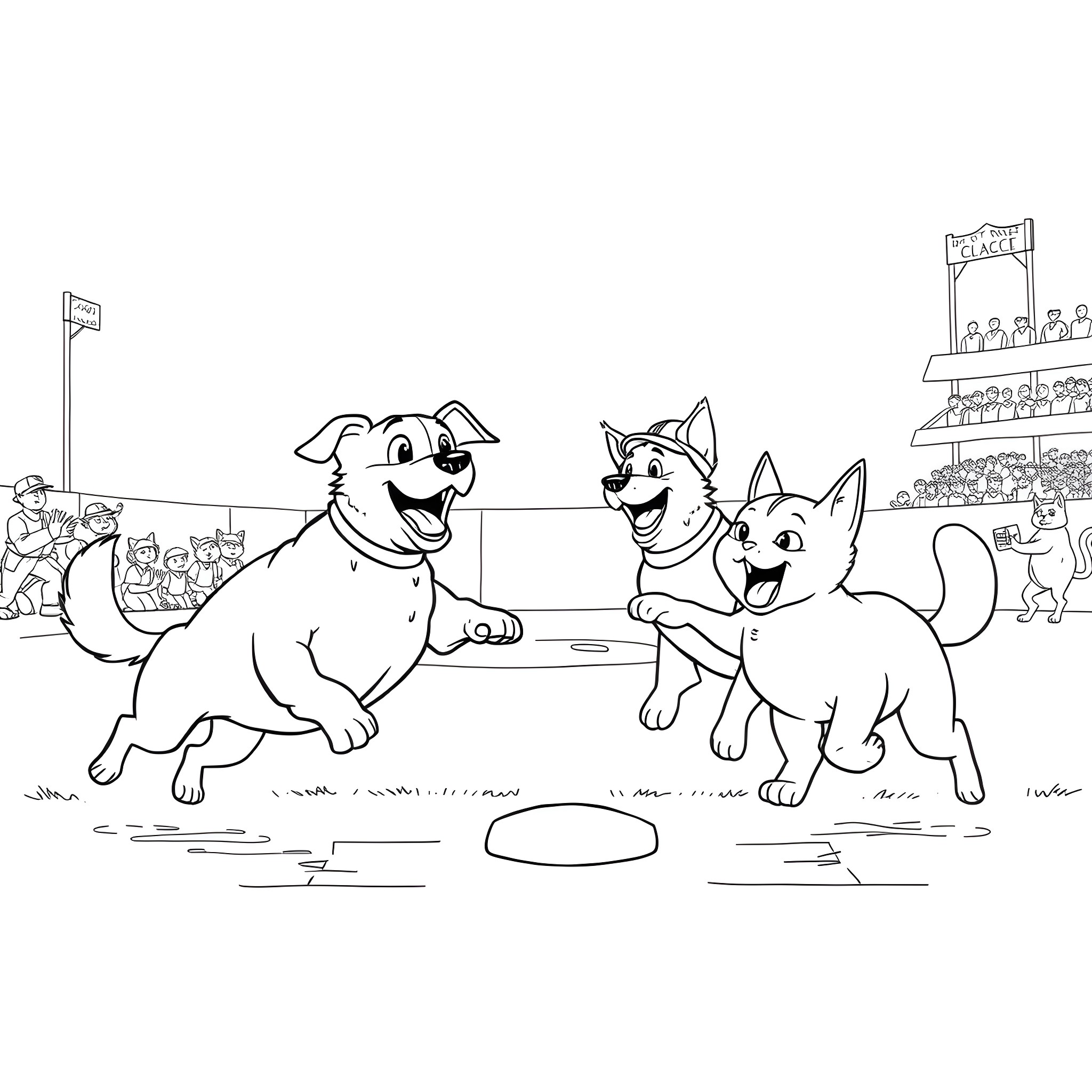 Dogs playing joyfully at the park Coloring Page (free black-and-white line drawing printable PDF for all, from beginners to advanced learners, including children, teens, adults, and seniors)