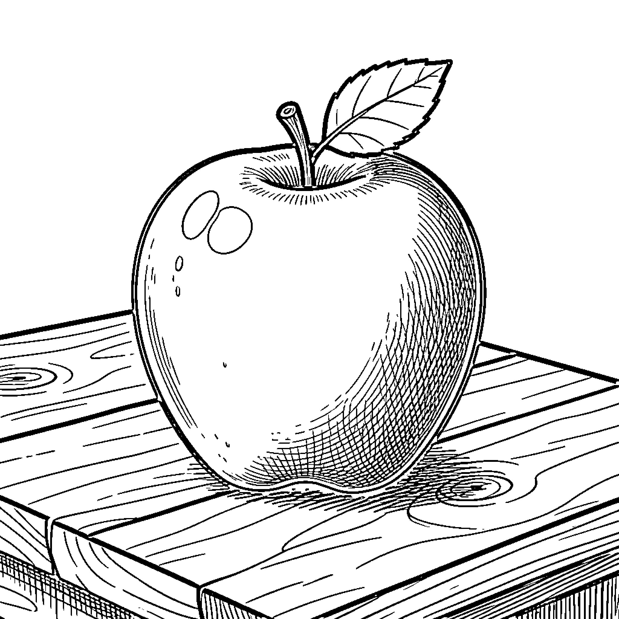 Apple sitting on wooden block Coloring Page (free black-and-white line drawing printable PDF for all, from beginners to advanced learners, including children, teens, adults, and seniors)