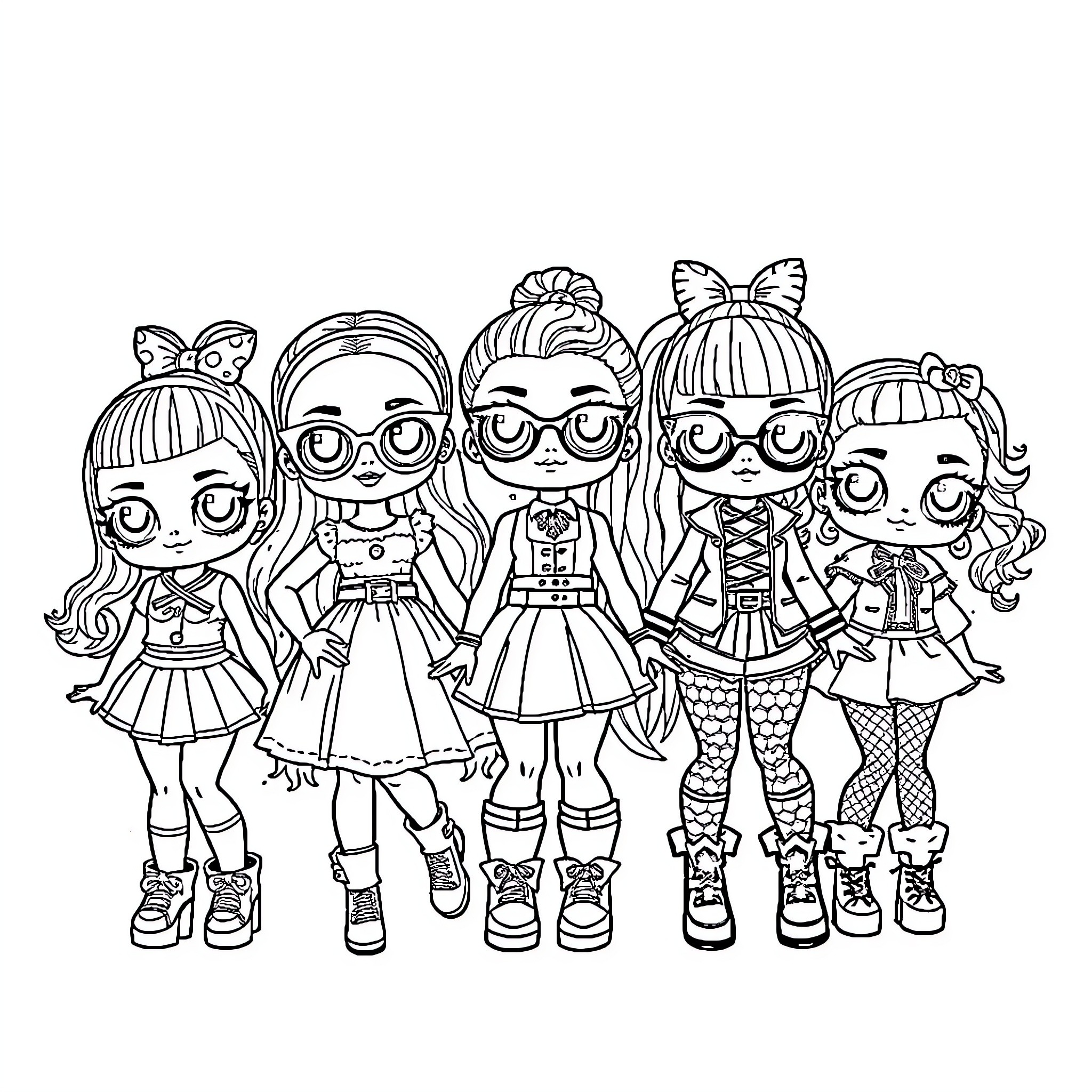 LOL Girlz striking fun poses in stylish outfits Coloring Page (free black-and-white line drawing printable PDF for all, from beginners to advanced learners, including children, teens, adults, and seniors)