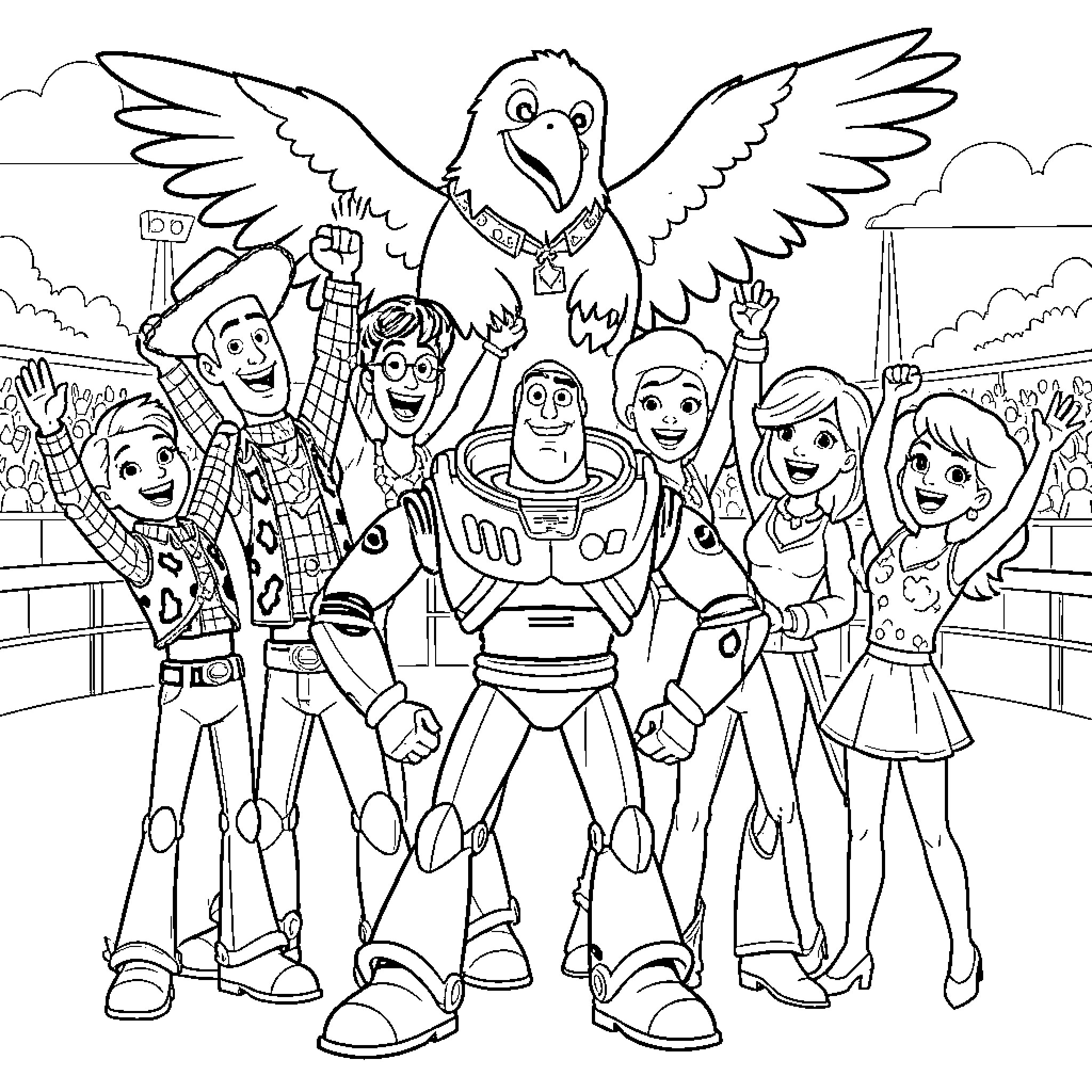 Toy Story characters celebrating joyfully with a large bird Coloring Page (free black-and-white line drawing printable PDF for all, from beginners to advanced learners, including children, teens, adults, and seniors)