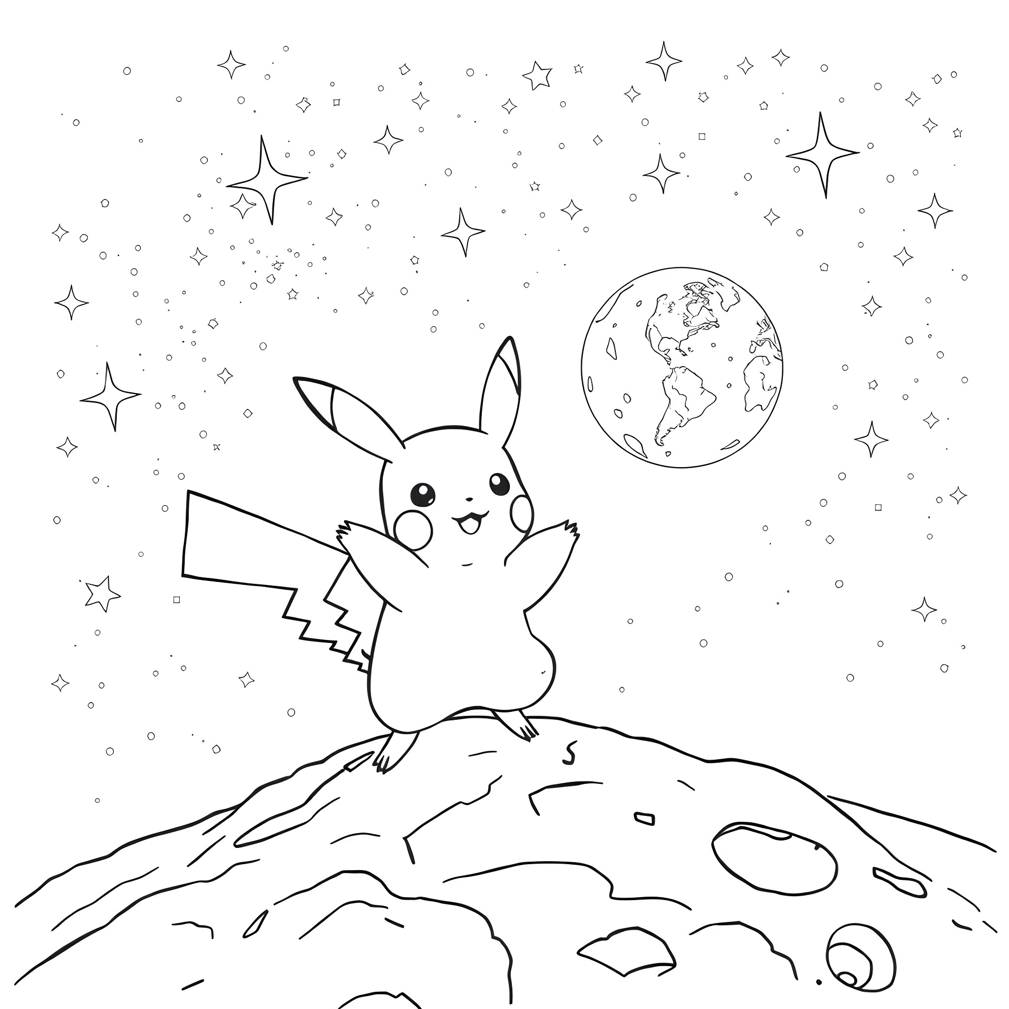 Pikachu exploring the starry night sky on the moon Coloring Page (free black-and-white line drawing printable PDF for all, from beginners to advanced learners, including children, teens, adults, and seniors)