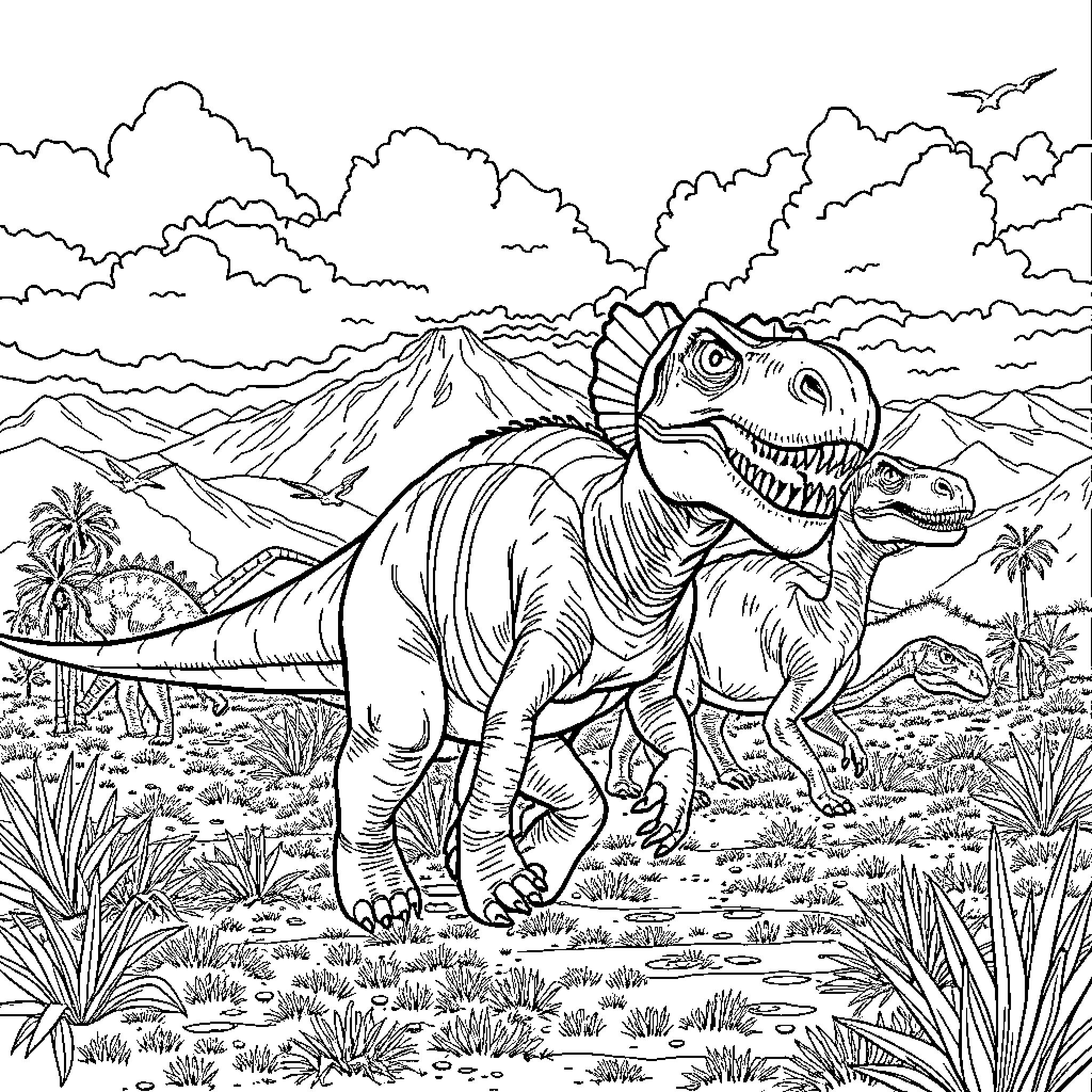 Dinosaur exploring the prehistoric landscape Coloring Page (free black-and-white line drawing printable PDF for all, from beginners to advanced learners, including children, teens, adults, and seniors)