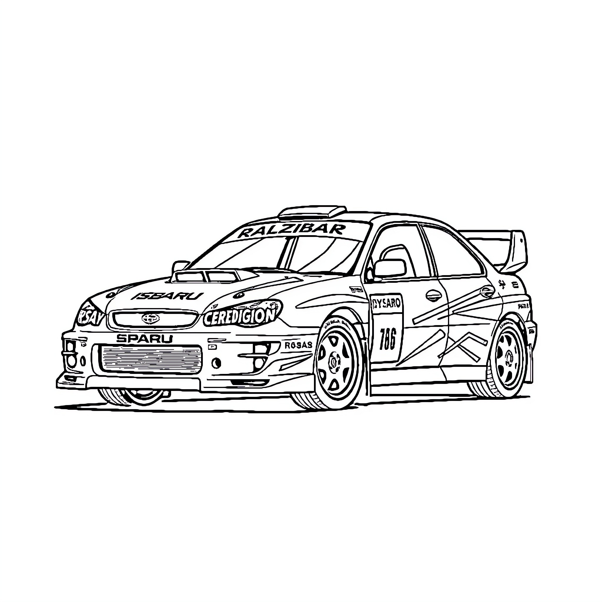Subaru Rally Car in Action Coloring Page (free black-and-white line drawing printable PDF for all, from beginners to advanced learners, including children, teens, adults, and seniors)