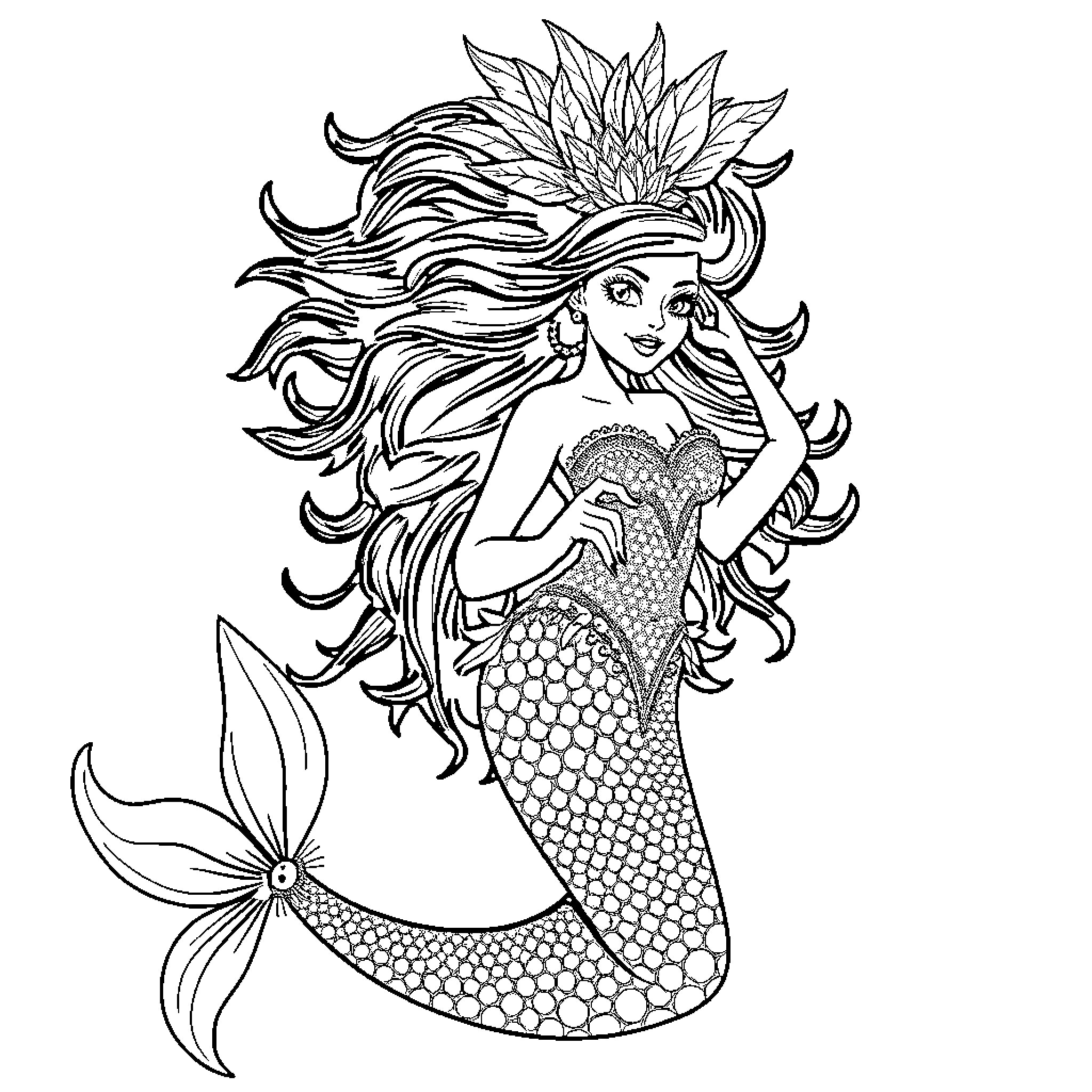 Mermaid with flowing hair in whimsical pose Coloring Page (free black-and-white line drawing printable PDF for all, from beginners to advanced learners, including children, teens, adults, and seniors)