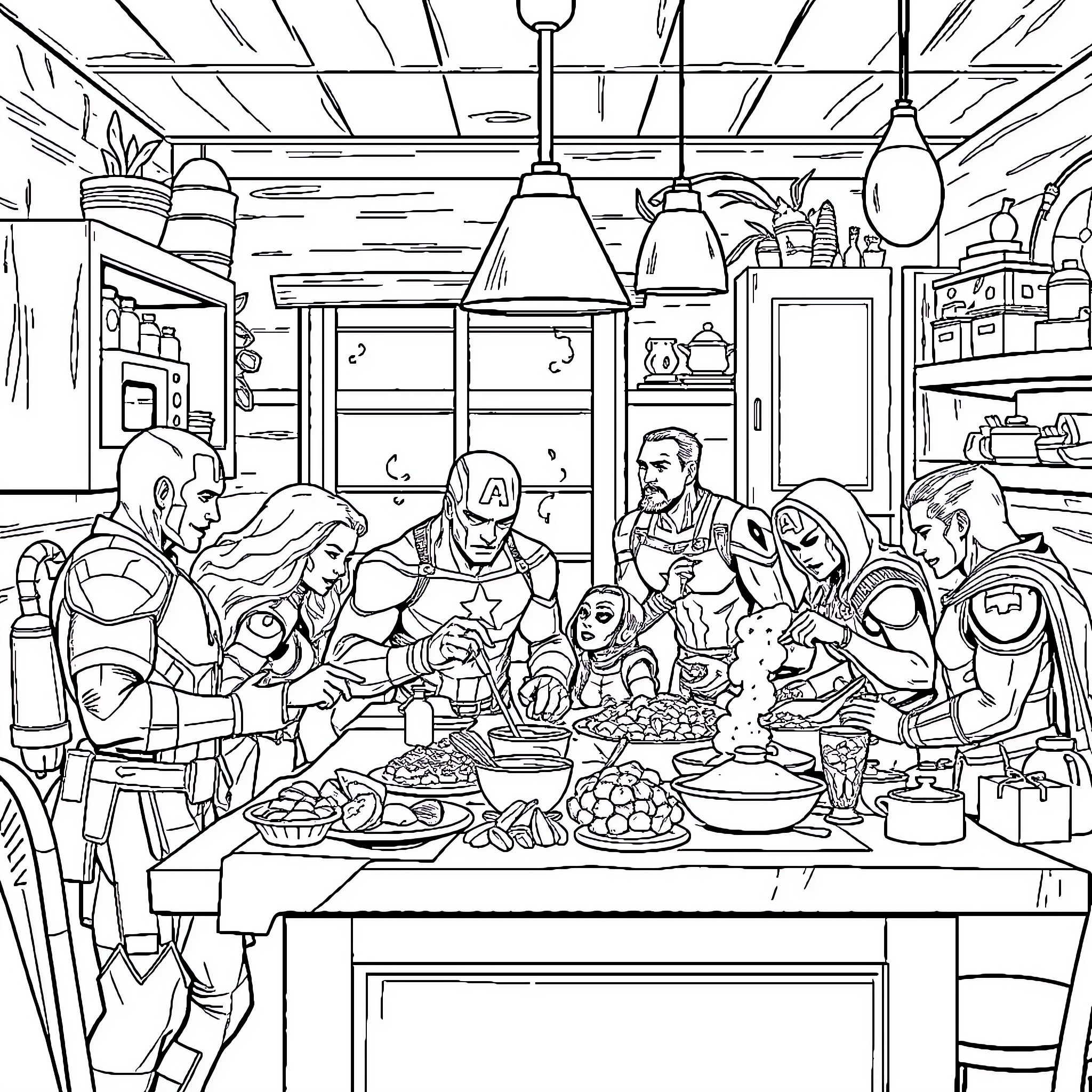 Avenger Family Feast in a Cozy Kitchen Coloring Page (free black-and-white line drawing printable PDF for all, from beginners to advanced learners, including children, teens, adults, and seniors)