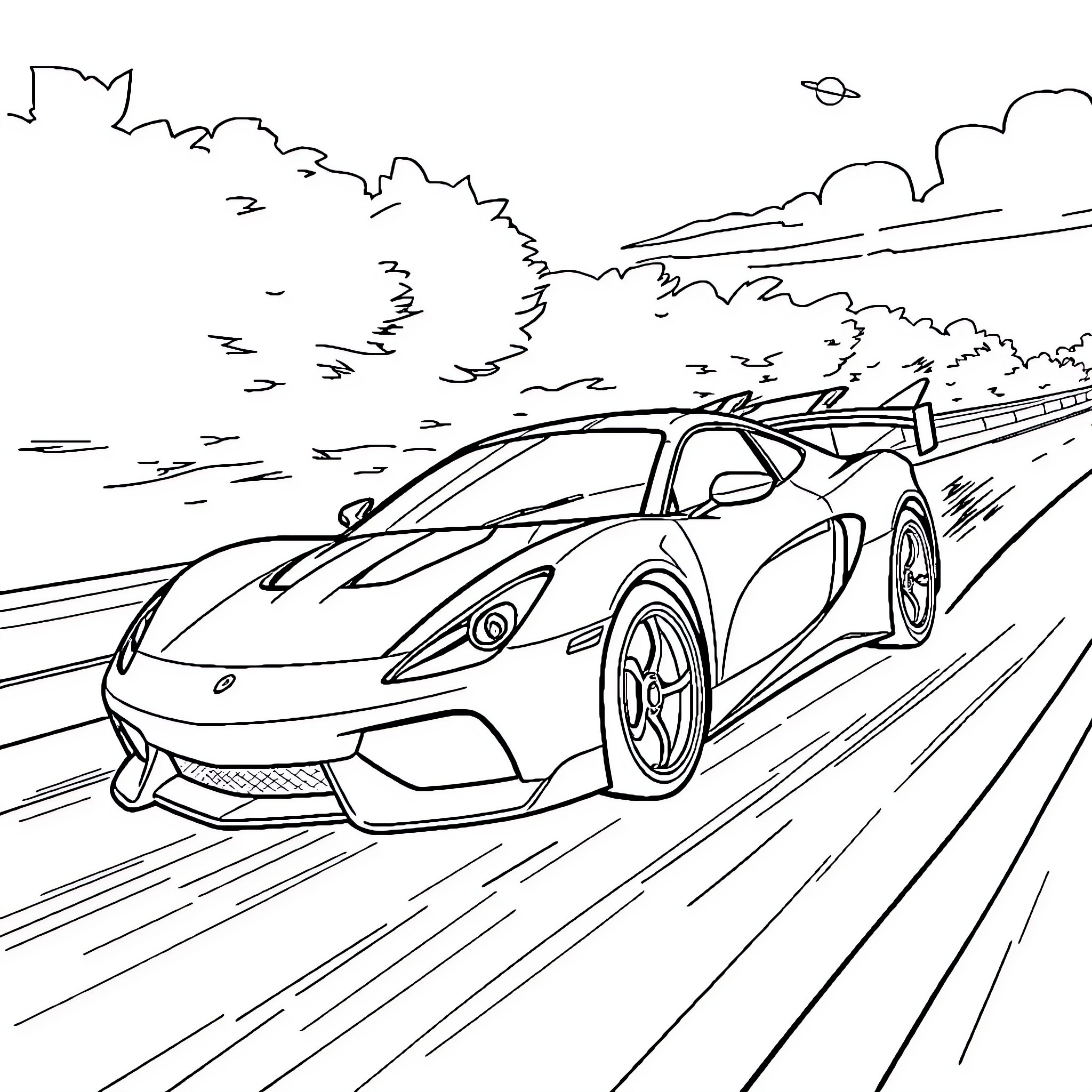 Super Sonic Car racing on winding road Coloring Page (free black-and-white line drawing printable PDF for all, from beginners to advanced learners, including children, teens, adults, and seniors)