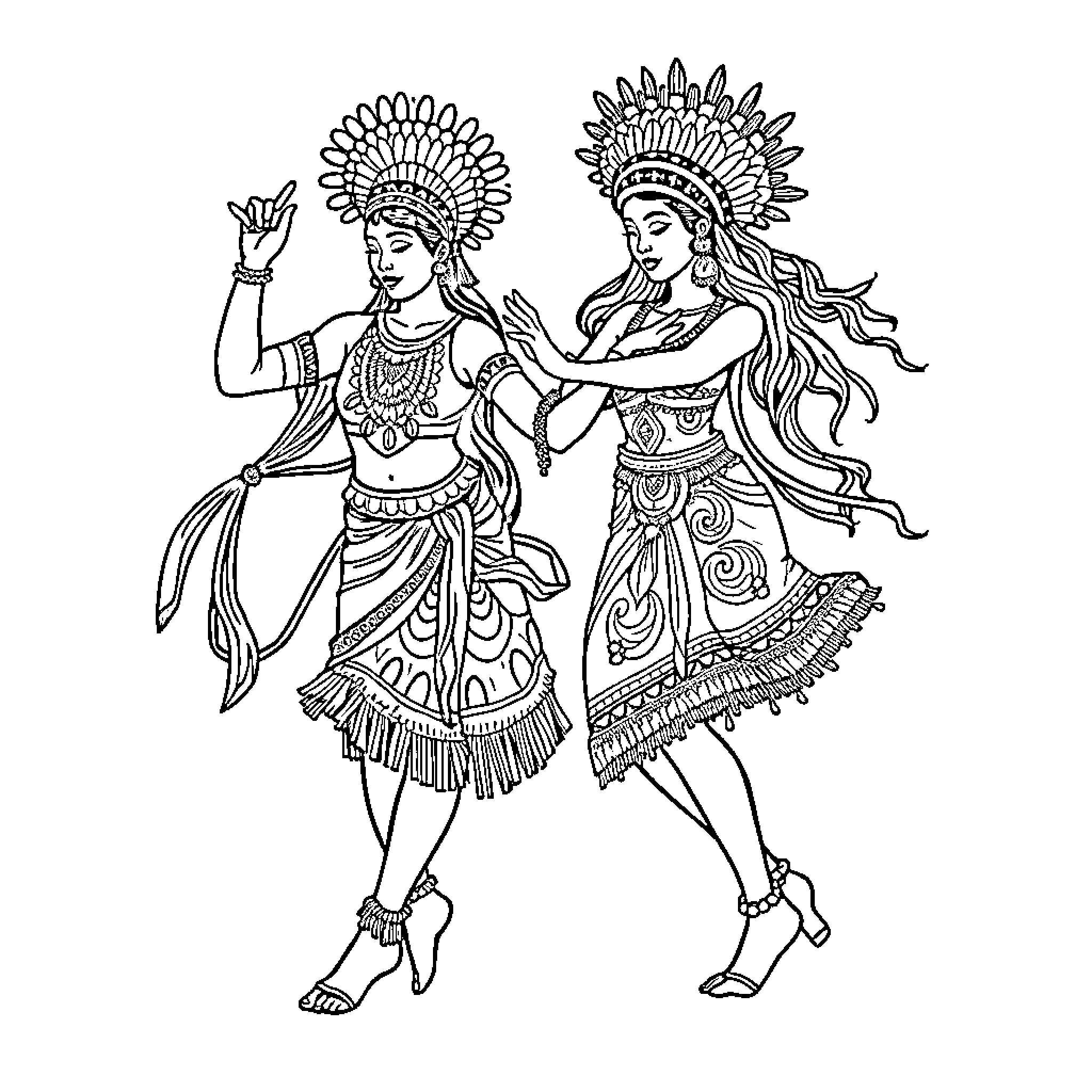 Vahiana Women in Ornate Traditional Costumes Coloring Page (free black-and-white line drawing printable PDF for all, from beginners to advanced learners, including children, teens, adults, and seniors)