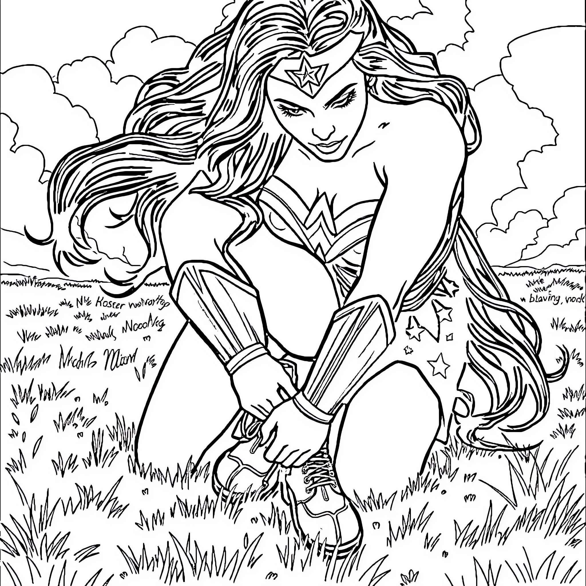Wonder Woman's Heroic Pose in the Grassy Field Coloring Page (free black-and-white line drawing printable PDF for all, from beginners to advanced learners, including children, teens, adults, and seniors)