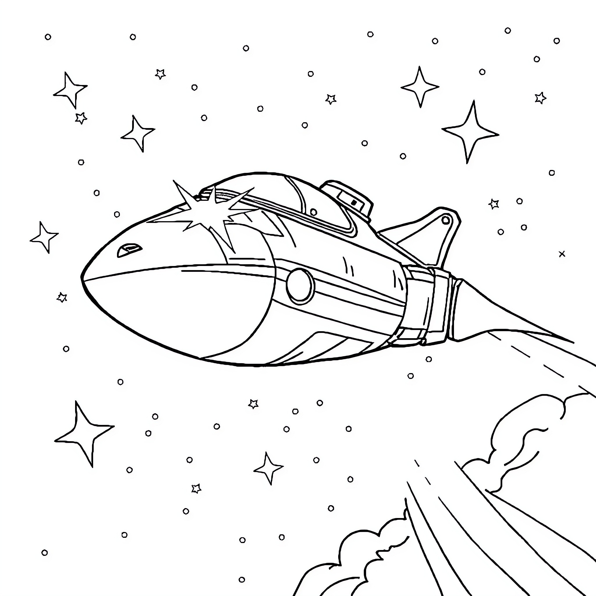 Spaceship traveling through the cosmos Coloring Page (free black-and-white line drawing printable PDF for all, from beginners to advanced learners, including children, teens, adults, and seniors)
