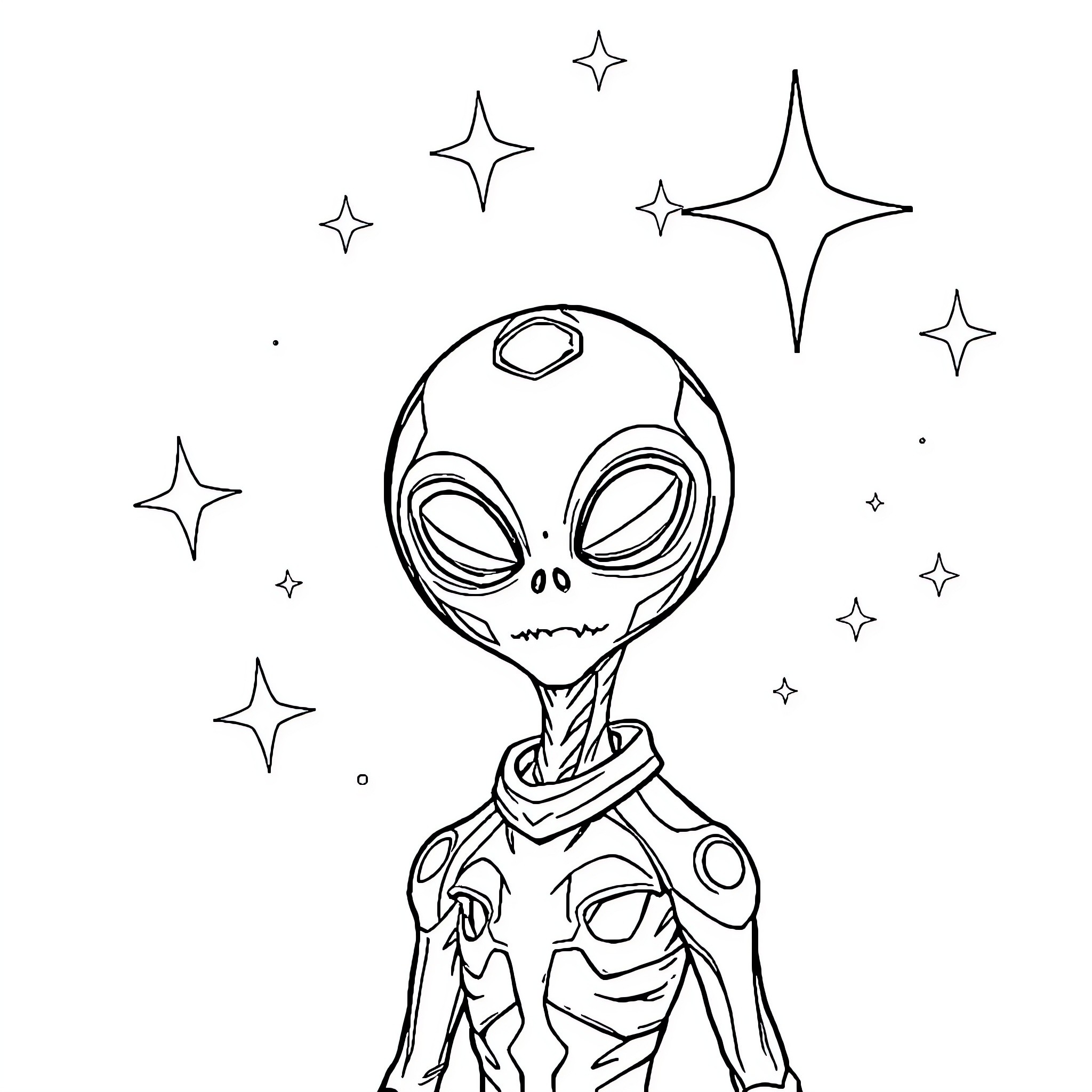 Alien exploring the cosmos under starry skies Coloring Page (free black-and-white line drawing printable PDF for all, from beginners to advanced learners, including children, teens, adults, and seniors)