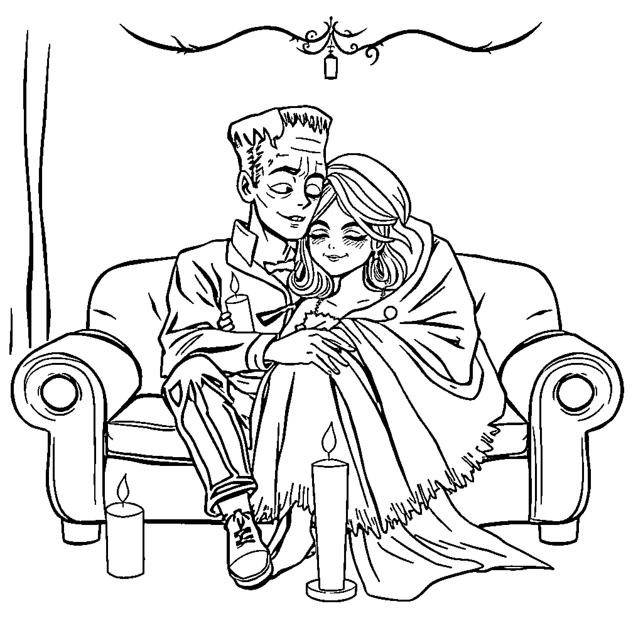 Couple cuddling warmly on the couch Coloring Page (free black-and-white line drawing printable PDF for all, from beginners to advanced learners, including children, teens, adults, and seniors)