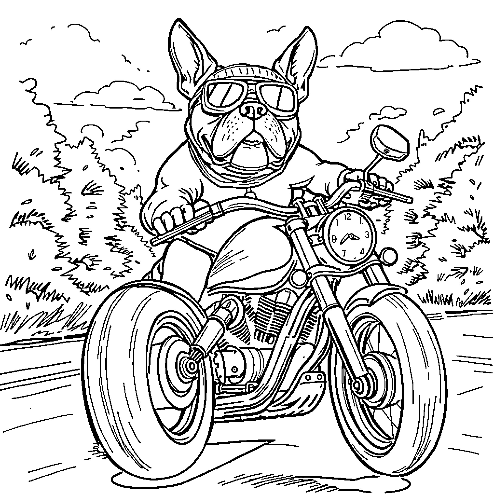 Pit Bull riding a motorcycle on the open road Coloring Page (free black-and-white line drawing printable PDF for all, from beginners to advanced learners, including children, teens, adults, and seniors)