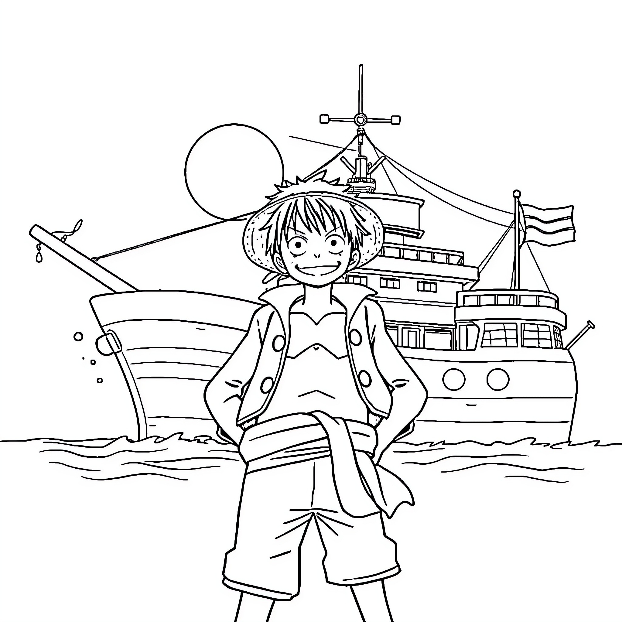 Luffy's Adventure on the High Seas Coloring Page (free black-and-white line drawing printable PDF for all, from beginners to advanced learners, including children, teens, adults, and seniors)