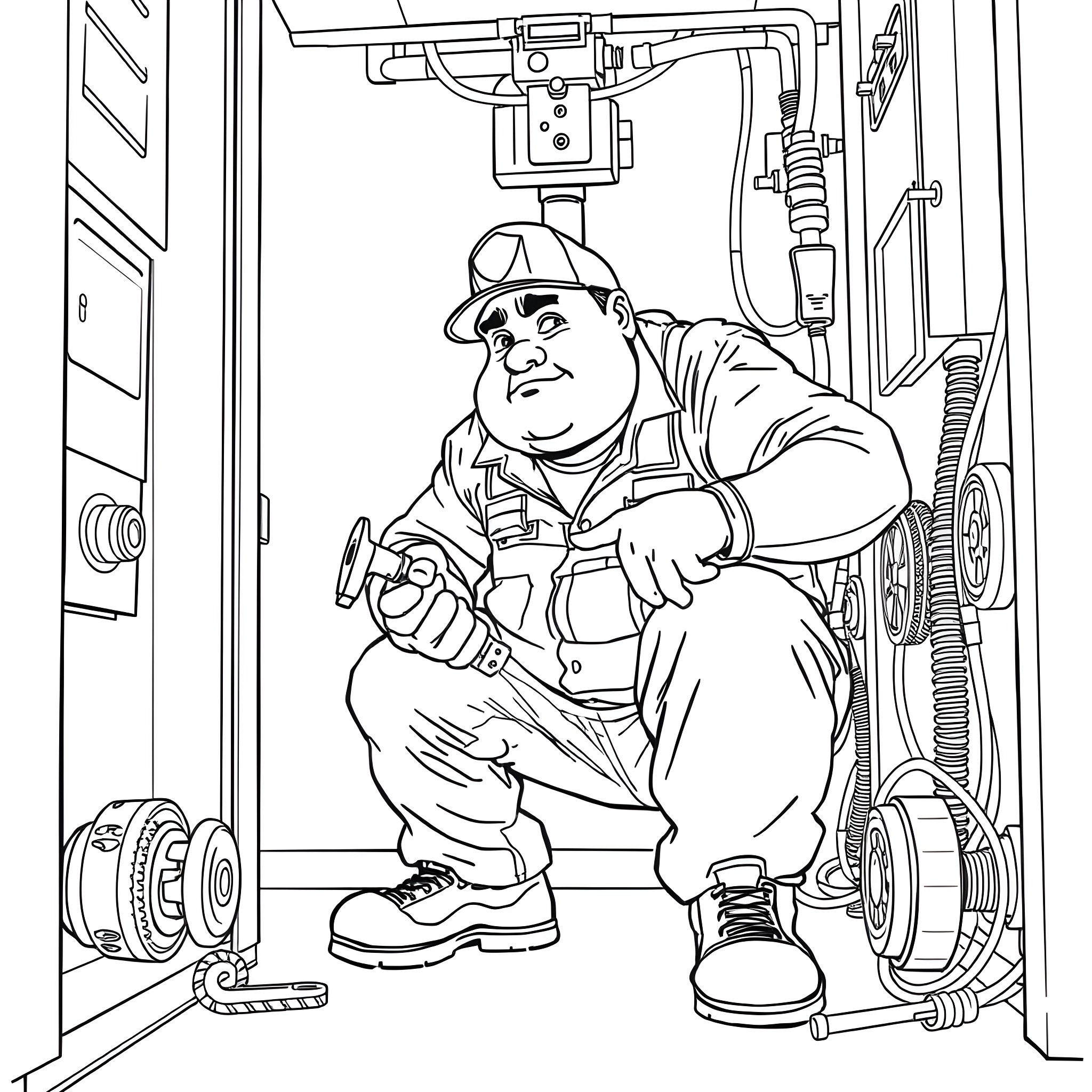 Mechanic Repairing Equipment in a Workshop Coloring Page (free black-and-white line drawing printable PDF for all, from beginners to advanced learners, including children, teens, adults, and seniors)