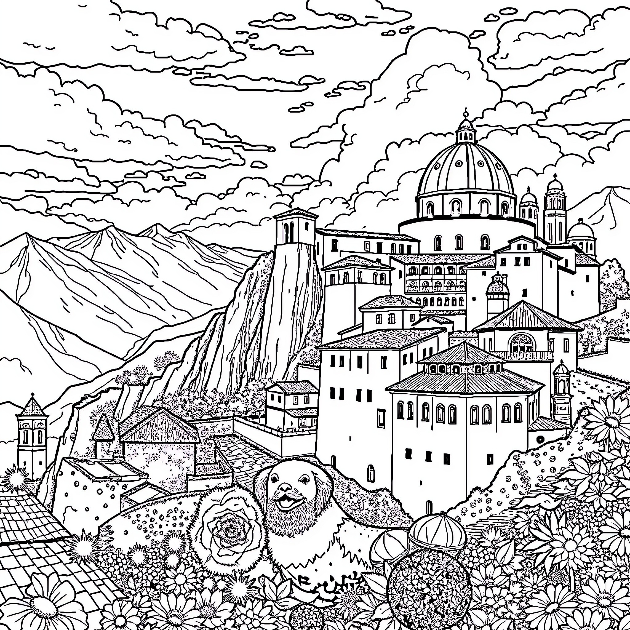Italy scenic landscape with historic architecture and flowers Coloring Page (free black-and-white line drawing printable PDF for all, from beginners to advanced learners, including children, teens, adults, and seniors)