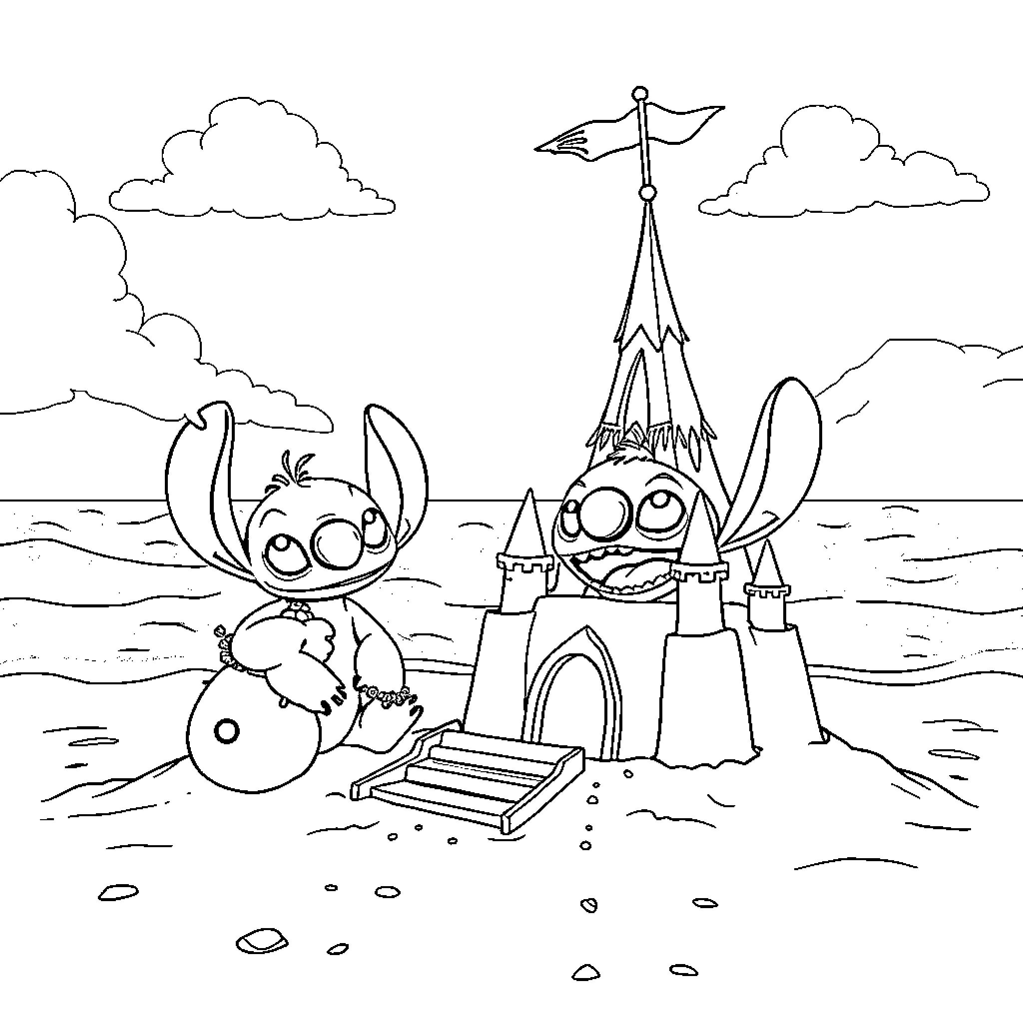 Lilo building a sandcastle with Stitch Coloring Page (free black-and-white line drawing printable PDF for all, from beginners to advanced learners, including children, teens, adults, and seniors)