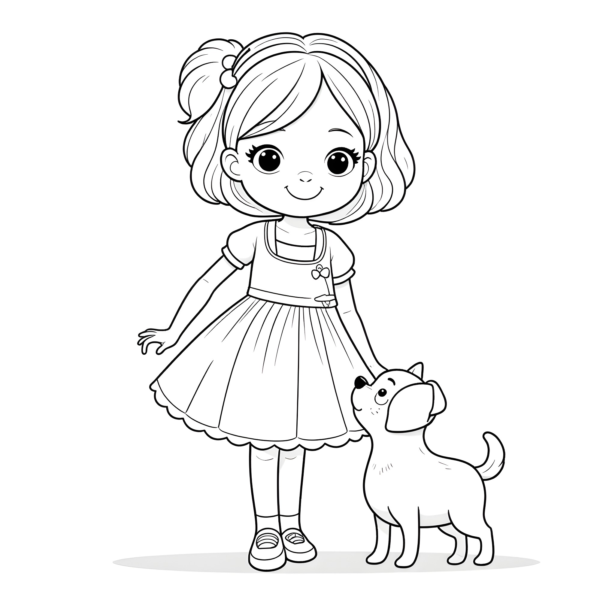 L.O.L. Girl with Cute Pet Dog Coloring Page (free black-and-white line drawing printable PDF for all, from beginners to advanced learners, including children, teens, adults, and seniors)
