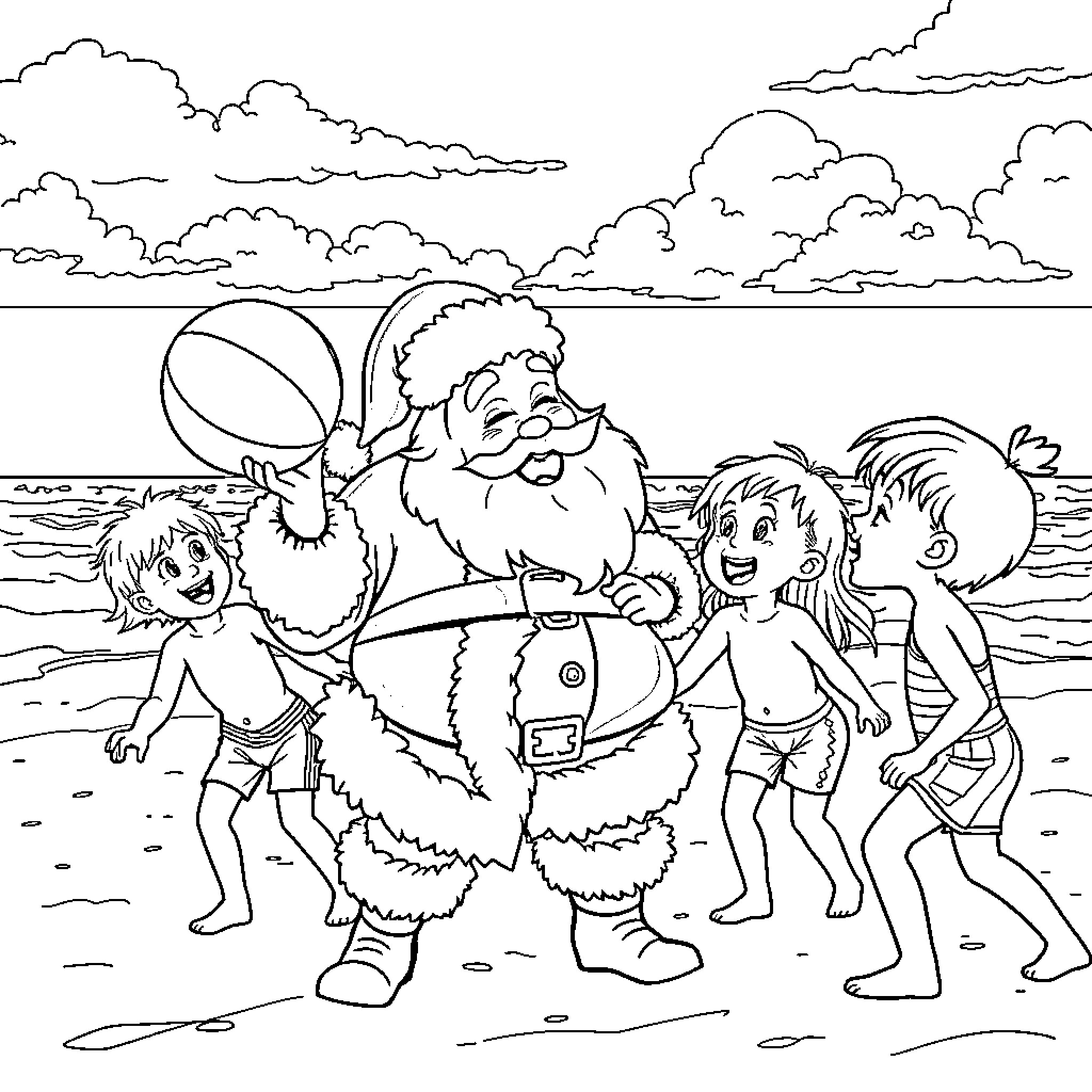 Santa playing with children on the beach Coloring Page (free black-and-white line drawing printable PDF for all, from beginners to advanced learners, including children, teens, adults, and seniors)