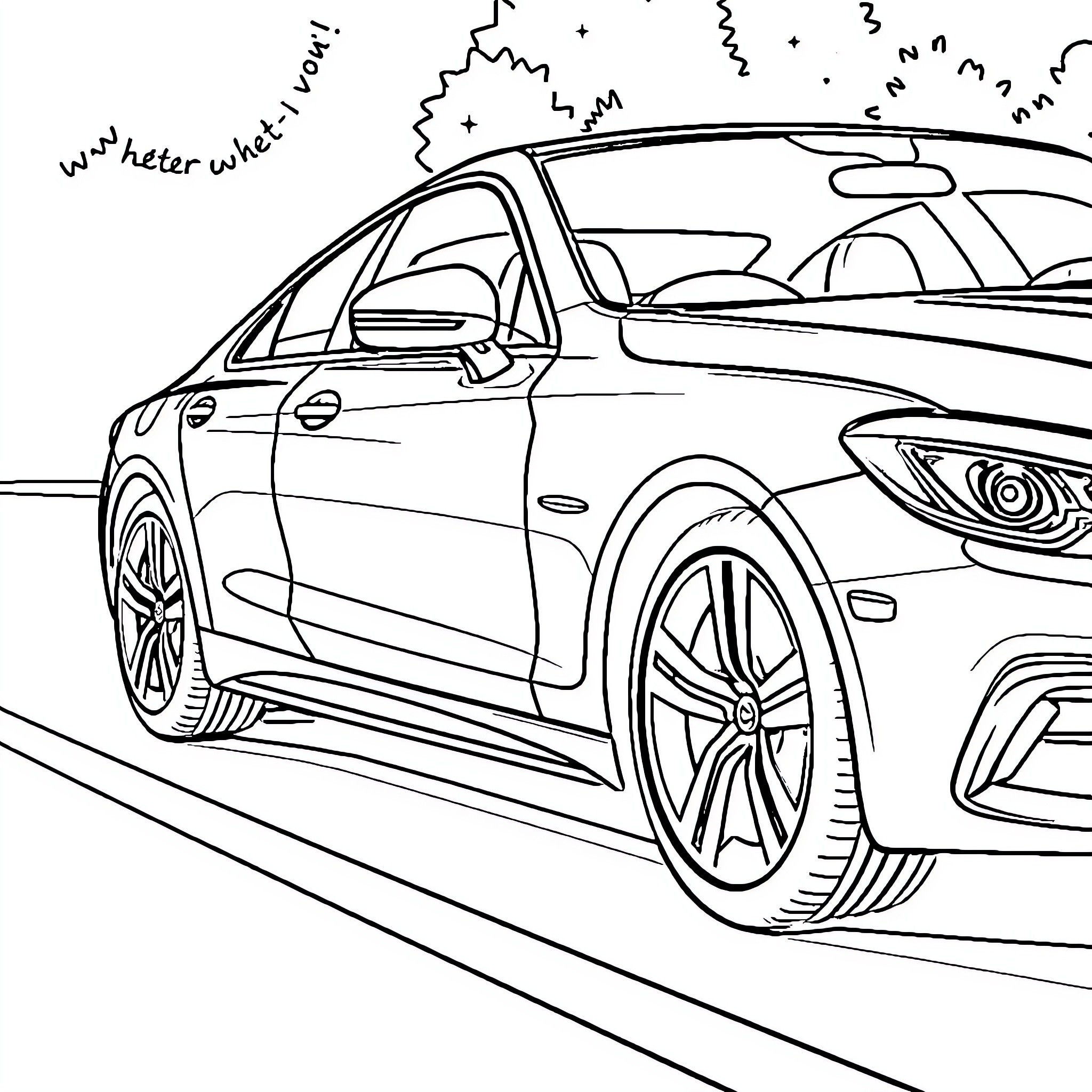 Car driving on the road with artistic flair Coloring Page (free black-and-white line drawing printable PDF for all, from beginners to advanced learners, including children, teens, adults, and seniors)
