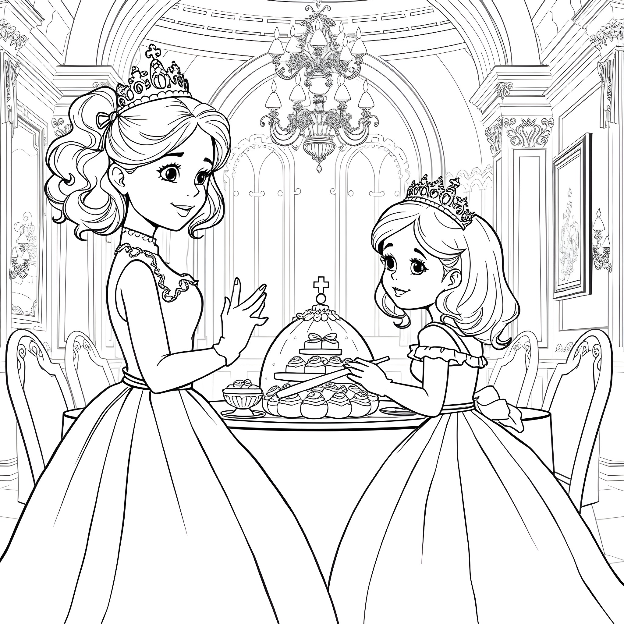Girls in Elegant Dresses Enjoying a Royal Banquet Coloring Page (free black-and-white line drawing printable PDF for all, from beginners to advanced learners, including children, teens, adults, and seniors)