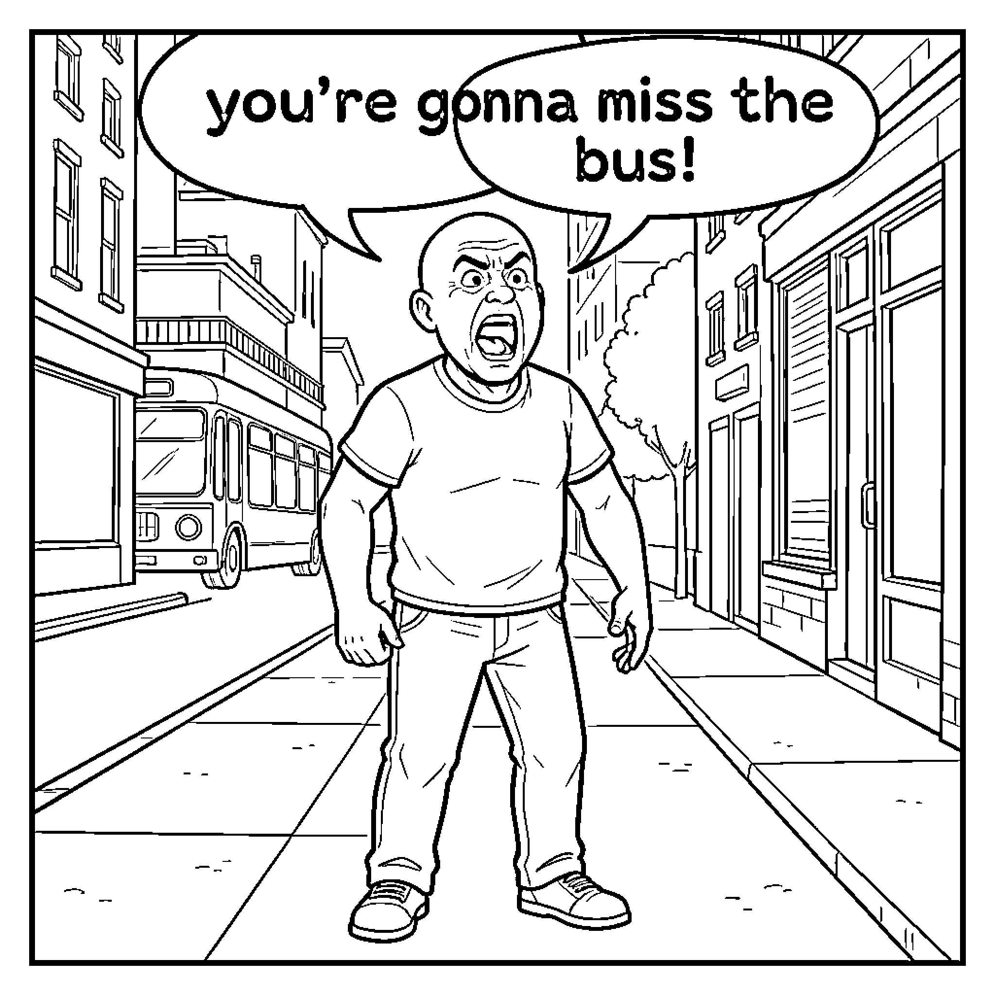 Man Rushing to Catch the Bus Coloring Page (free black-and-white line drawing printable PDF for all, from beginners to advanced learners, including children, teens, adults, and seniors)