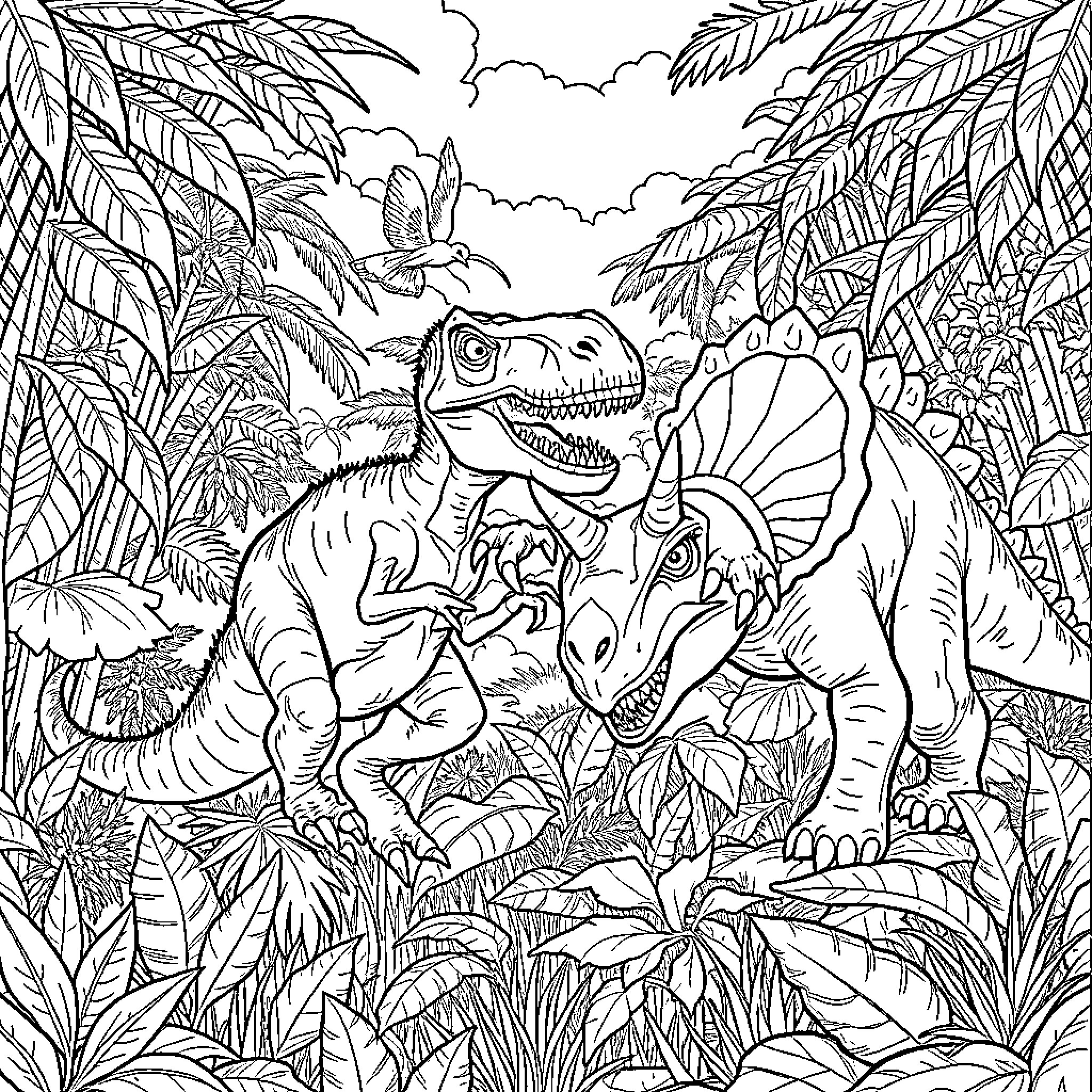 Dinosaurs in a Lush Prehistoric Landscape Coloring Page (free black-and-white line drawing printable PDF for all, from beginners to advanced learners, including children, teens, adults, and seniors)