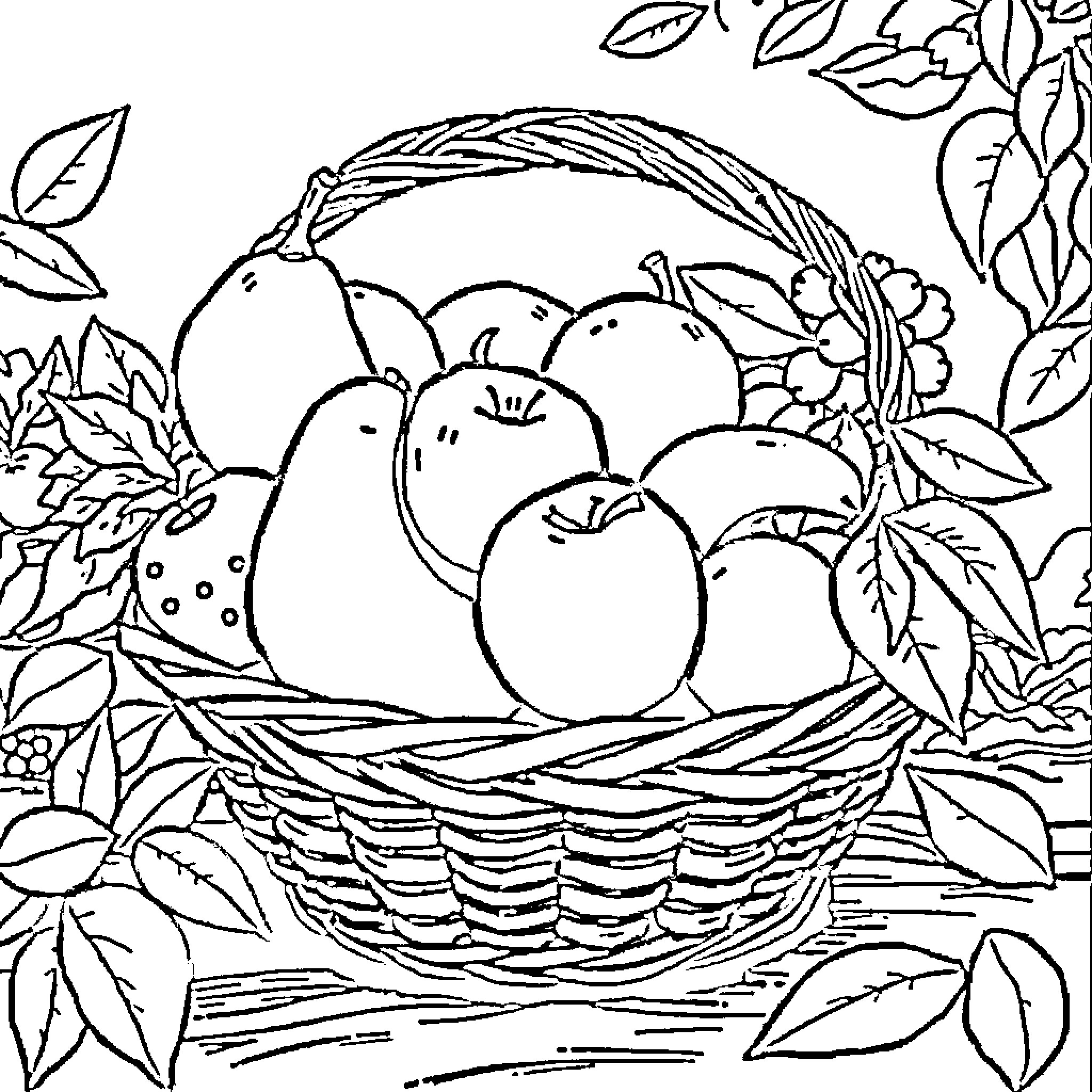 Fruit Basket with Leaves and Flowers Coloring Page (free black-and-white line drawing printable PDF for all, from beginners to advanced learners, including children, teens, adults, and seniors)
