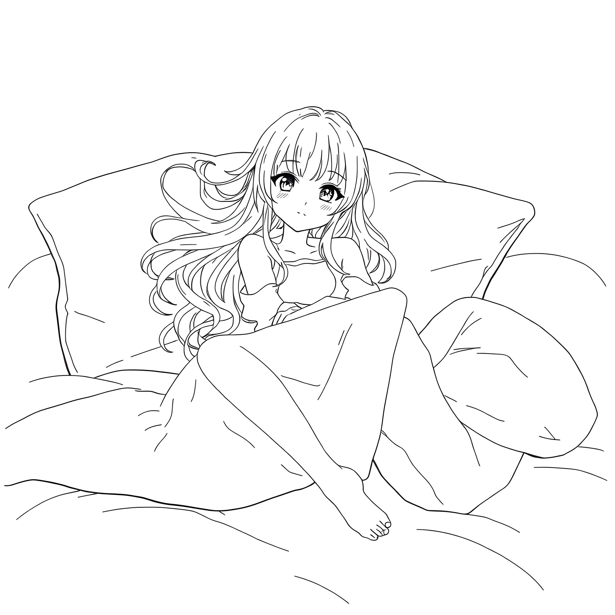 Anime Girl sitting thoughtfully on bed Coloring Page (free black-and-white line drawing printable PDF for all, from beginners to advanced learners, including children, teens, adults, and seniors)