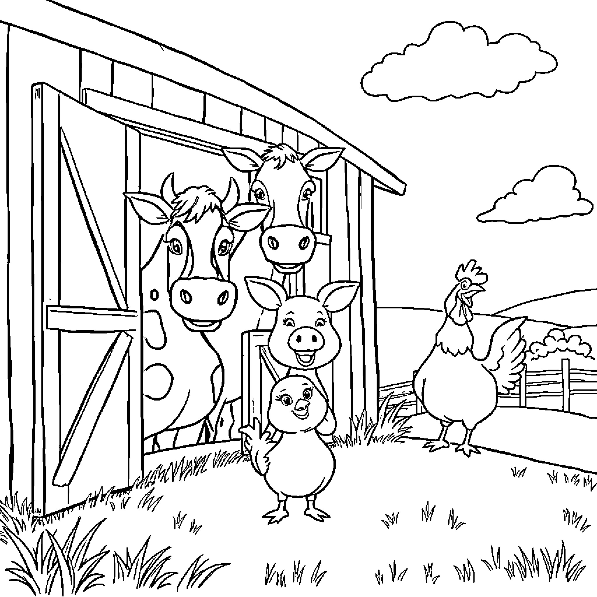 Barn Animal Farm Scene with Livestock Coloring Page (free black-and-white line drawing printable PDF for all, from beginners to advanced learners, including children, teens, adults, and seniors)