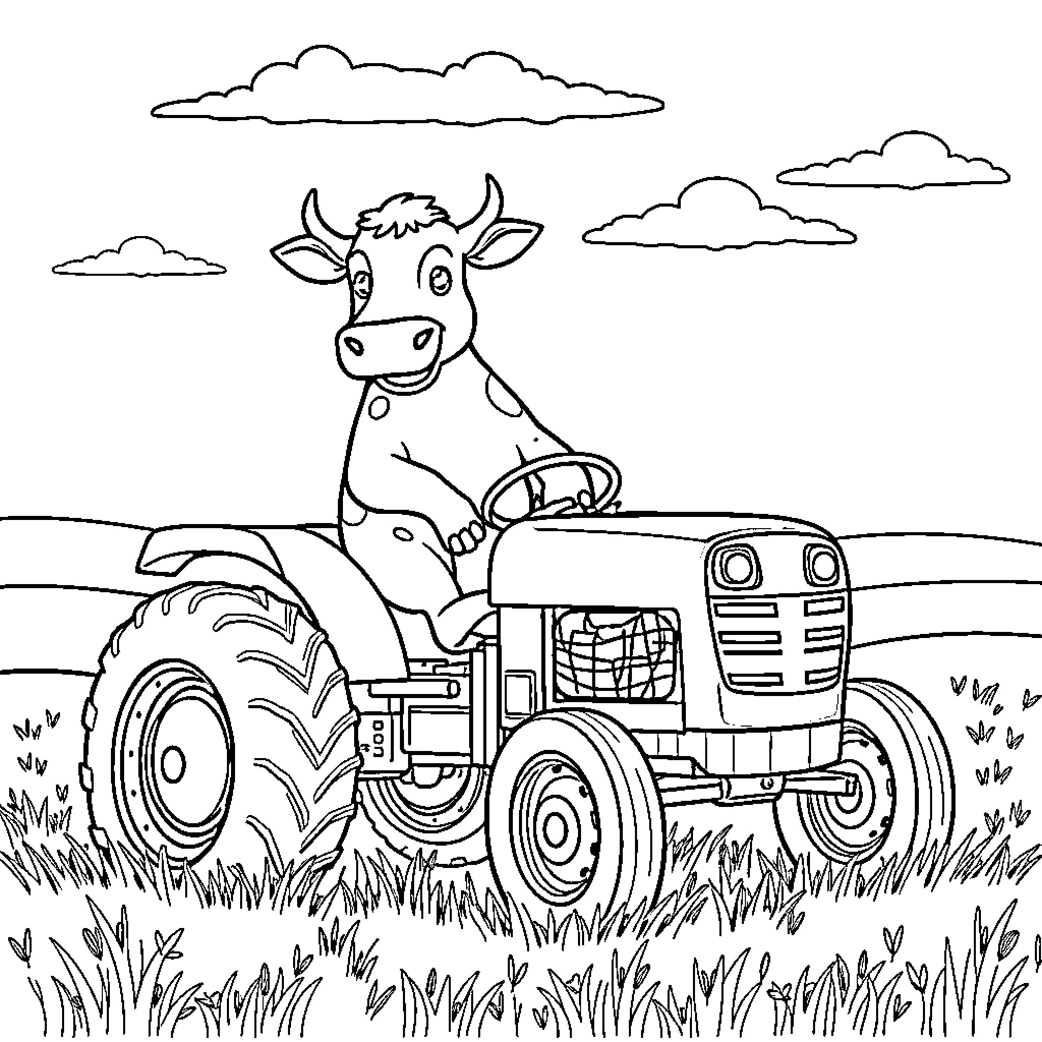 Cow operating a tractor in the countryside Coloring Page (free black-and-white line drawing printable PDF for all, from beginners to advanced learners, including children, teens, adults, and seniors)