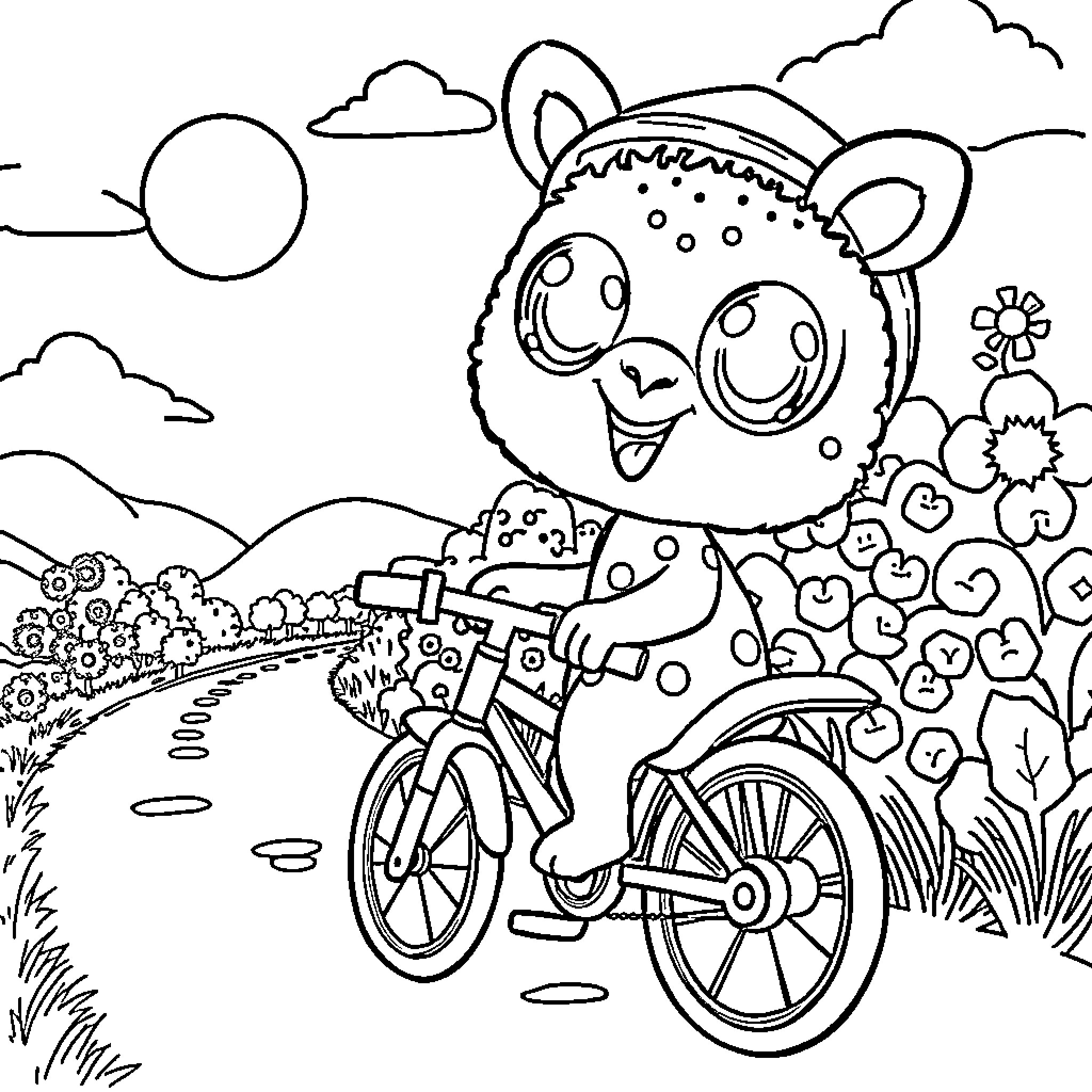 Labubu's Joyful Bicycle Ride in the Countryside Coloring Page (free black-and-white line drawing printable PDF for all, from beginners to advanced learners, including children, teens, adults, and seniors)