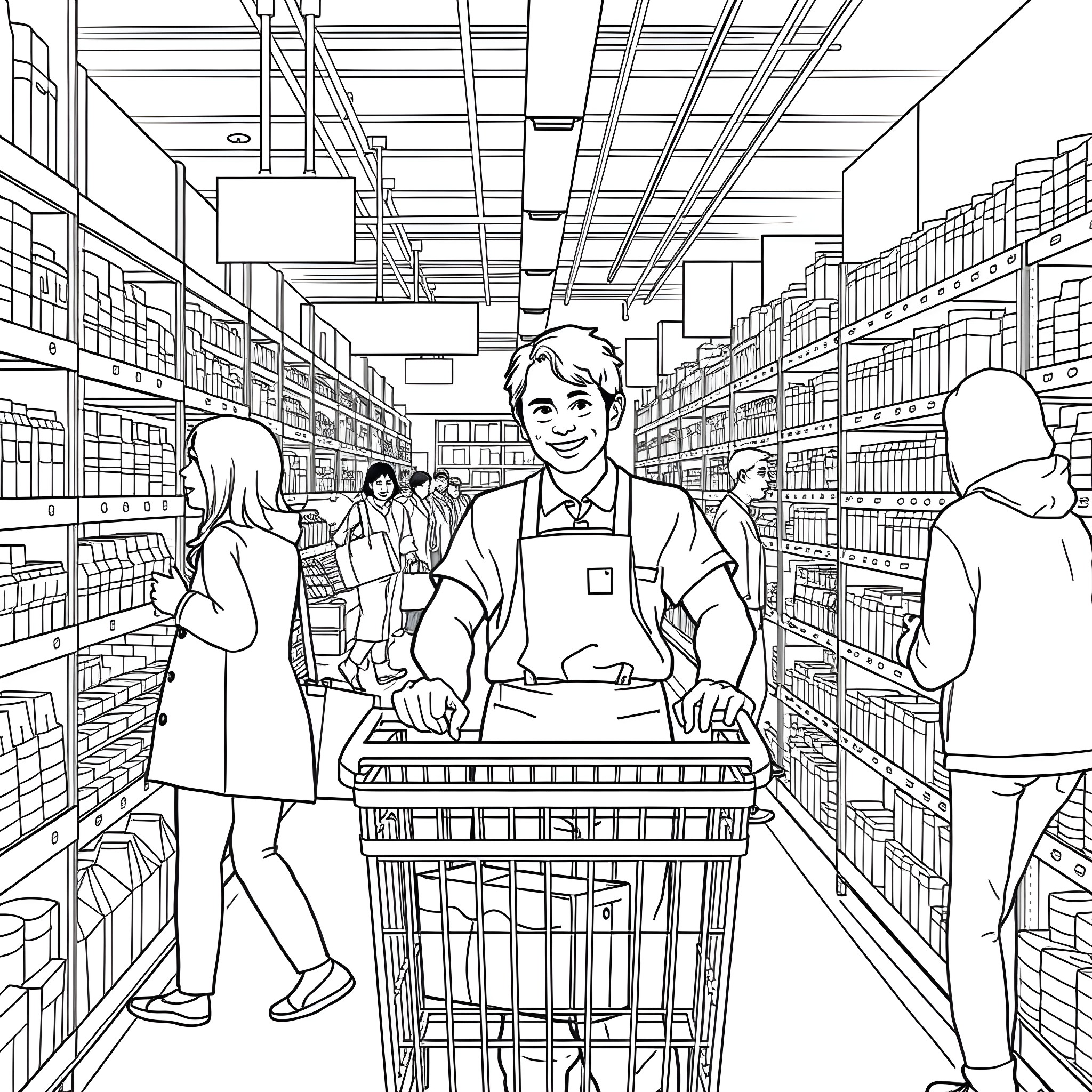 Walmart Employee Assisting Customers in the Store Coloring Page (free black-and-white line drawing printable PDF for all, from beginners to advanced learners, including children, teens, adults, and seniors)