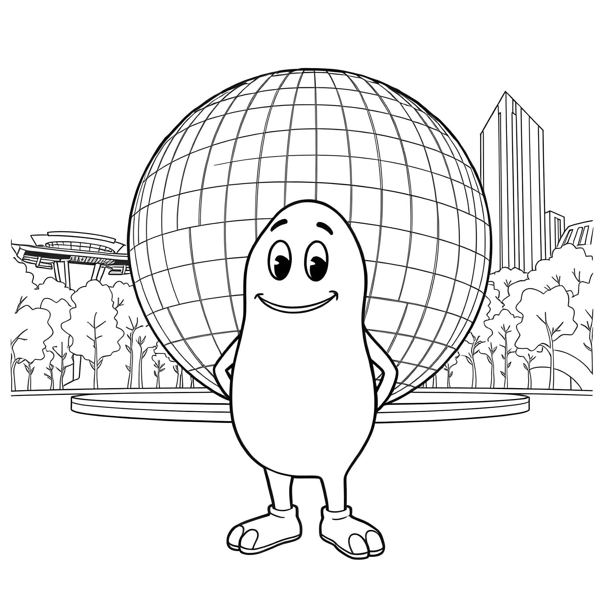 Peccy character in a playful urban landscape Coloring Page (free black-and-white line drawing printable PDF for all, from beginners to advanced learners, including children, teens, adults, and seniors)