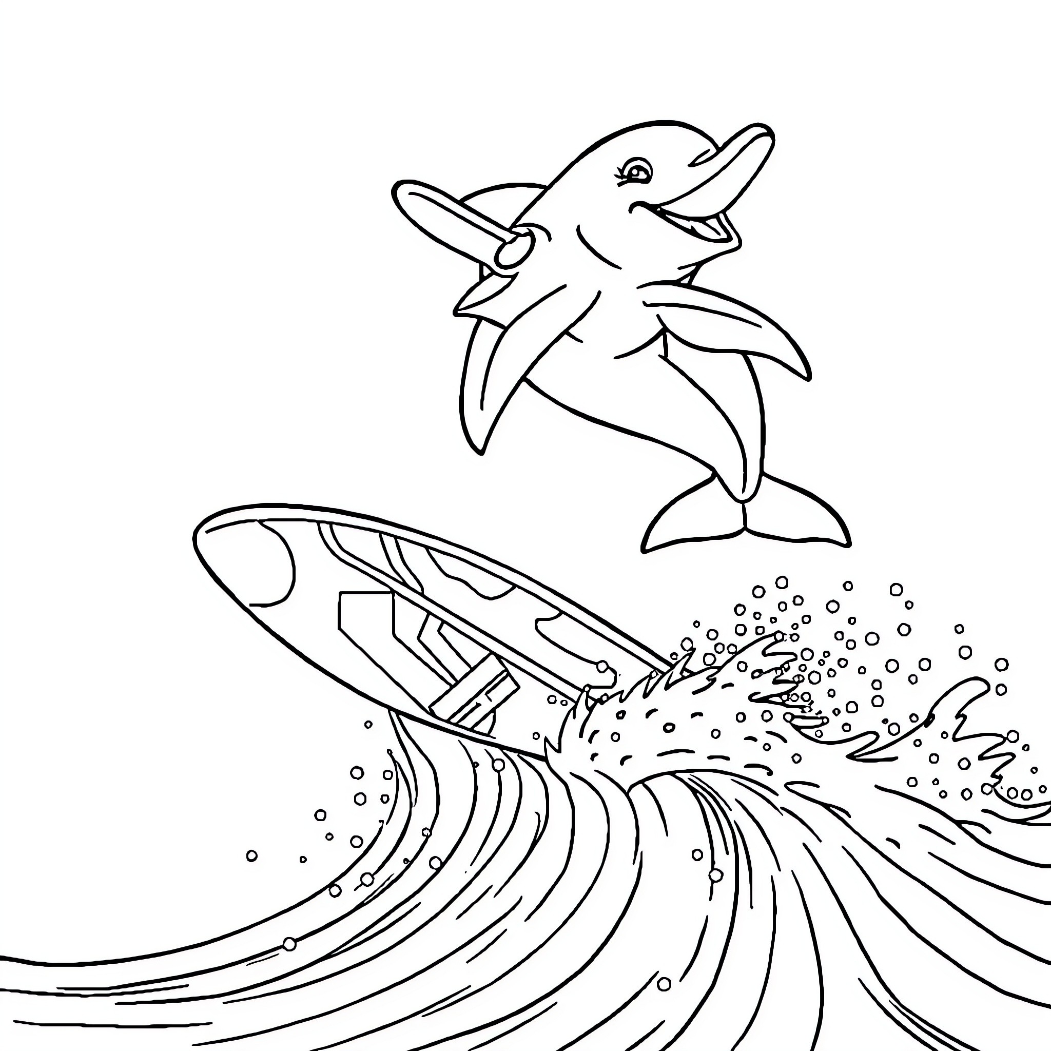 Dolphin jumping through ocean waves Coloring Page (free black-and-white line drawing printable PDF for all, from beginners to advanced learners, including children, teens, adults, and seniors)