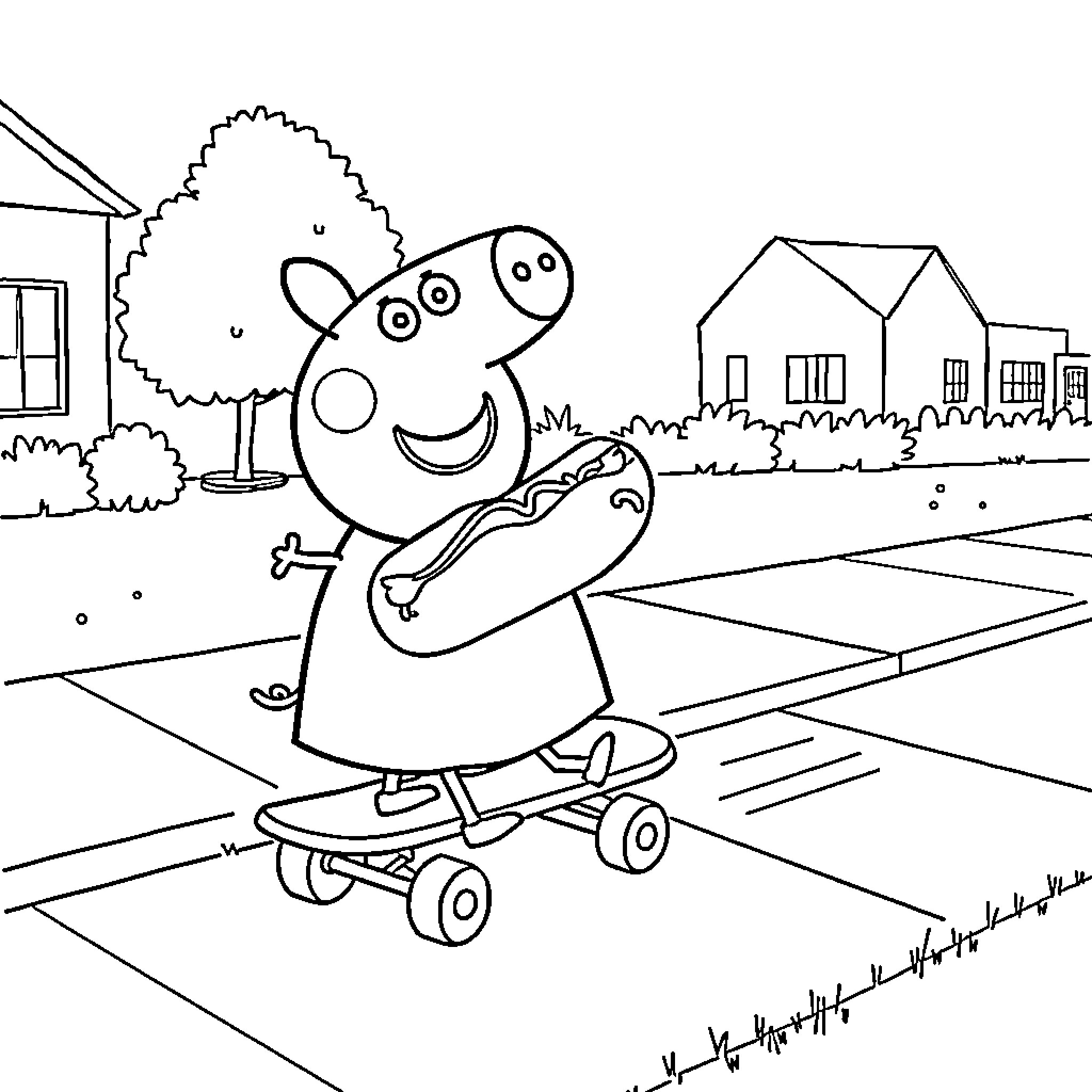 Peppa Pig skateboarding in the neighborhood Coloring Page (free black-and-white line drawing printable PDF for all, from beginners to advanced learners, including children, teens, adults, and seniors)