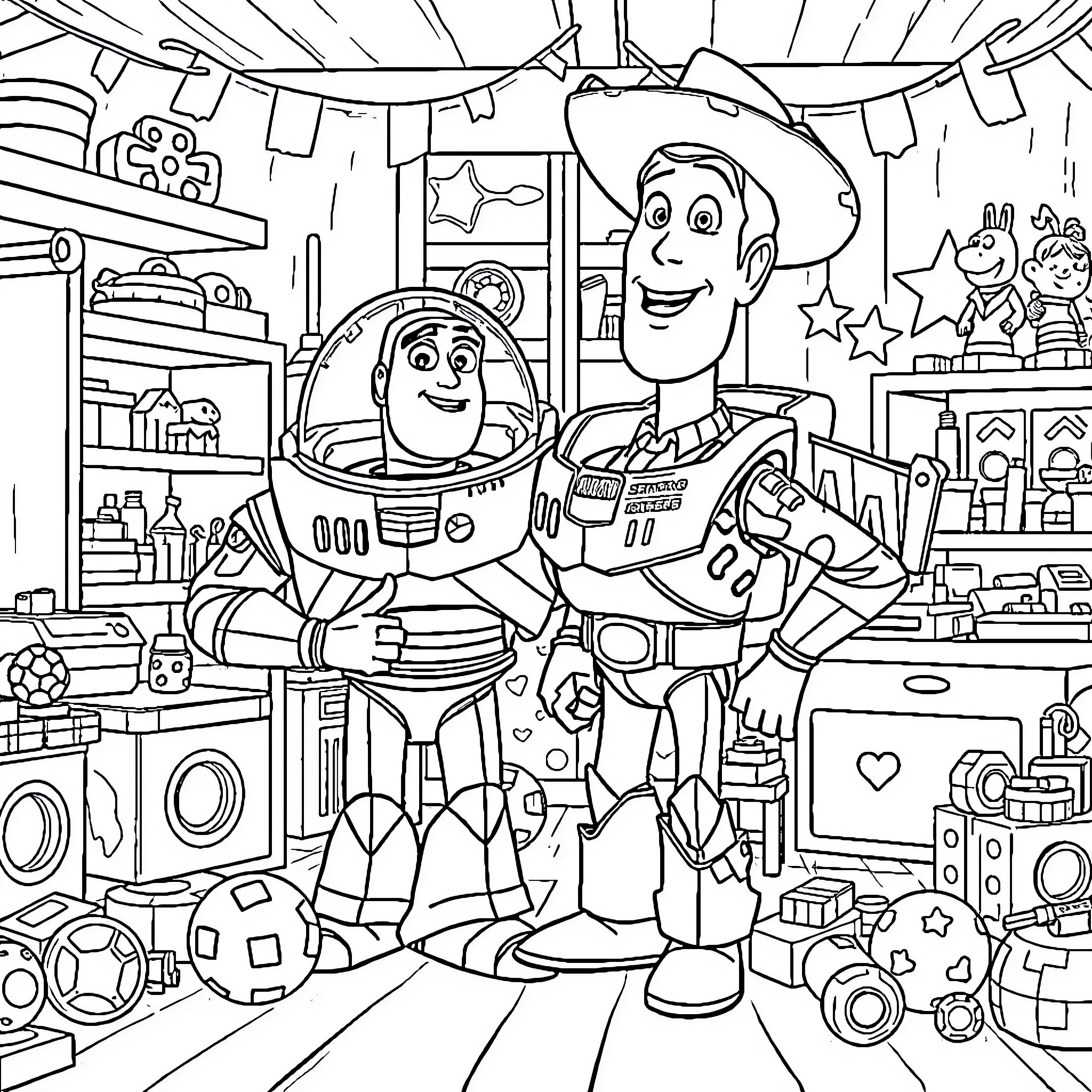 Buzz Lightyear and Woody exploring a cluttered room Coloring Page (free black-and-white line drawing printable PDF for all, from beginners to advanced learners, including children, teens, adults, and seniors)